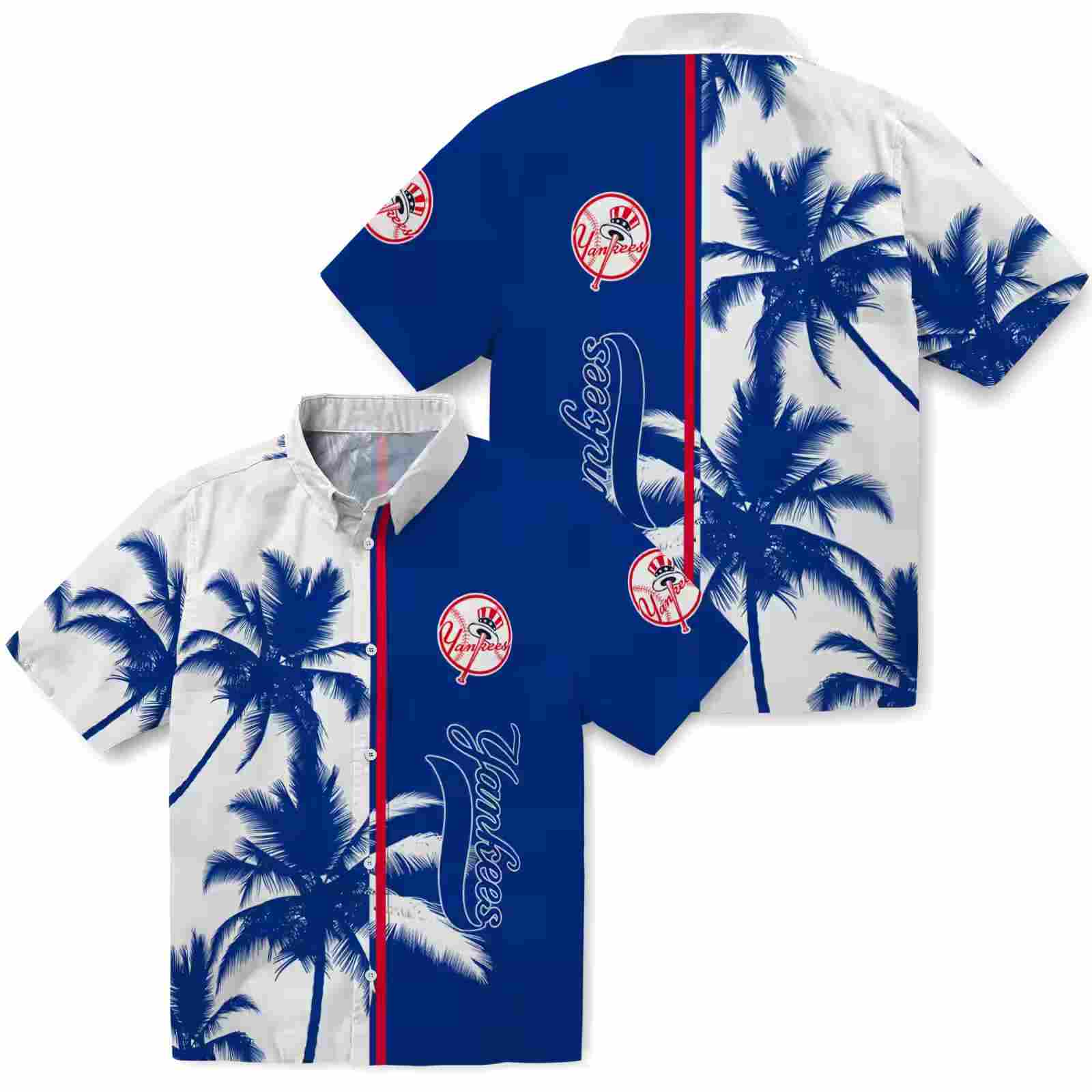 new york yankees palm trees navy white hawaiian shirt high quality