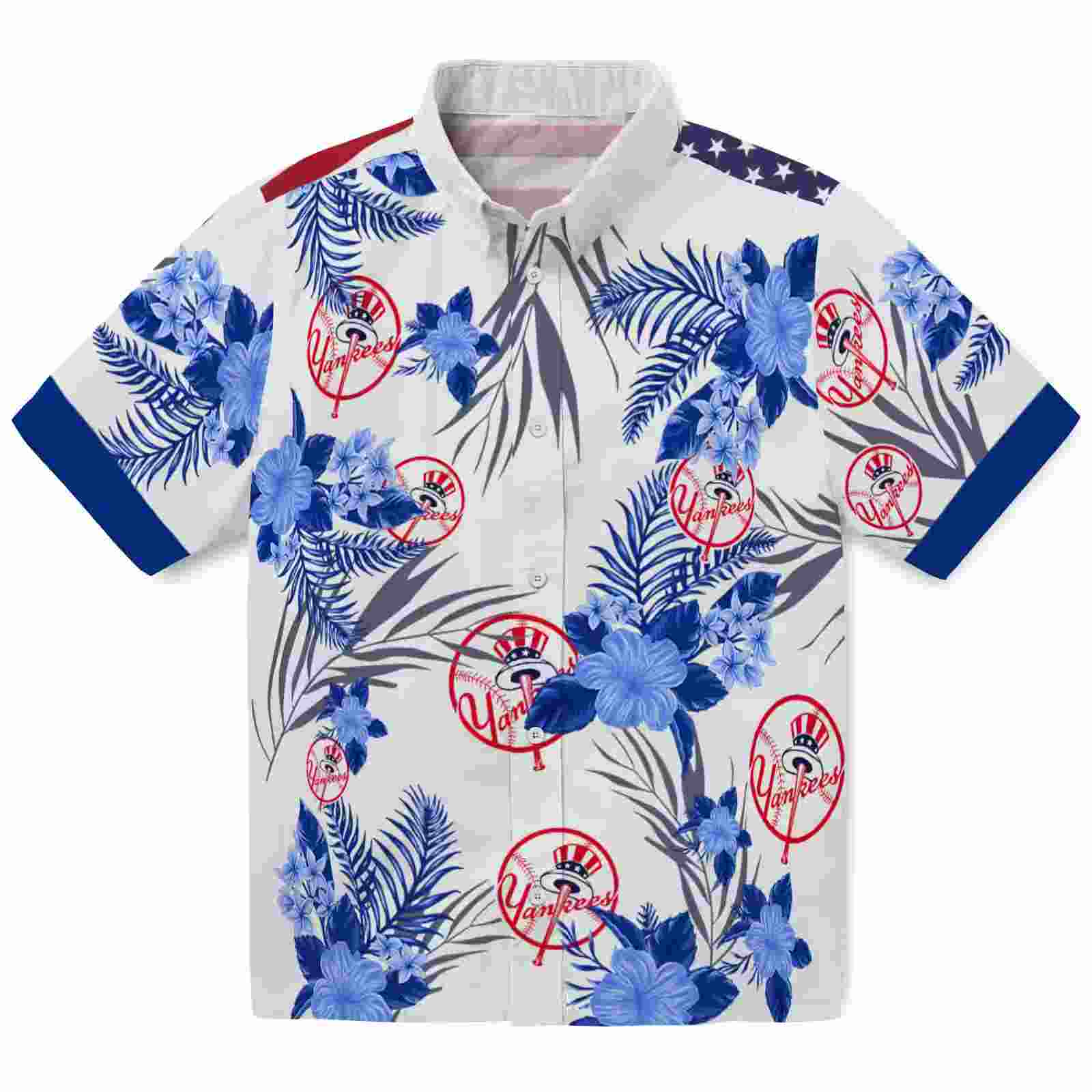 New York Yankees Patriotic Hibiscus Design Navy White Hawaiian Shirt