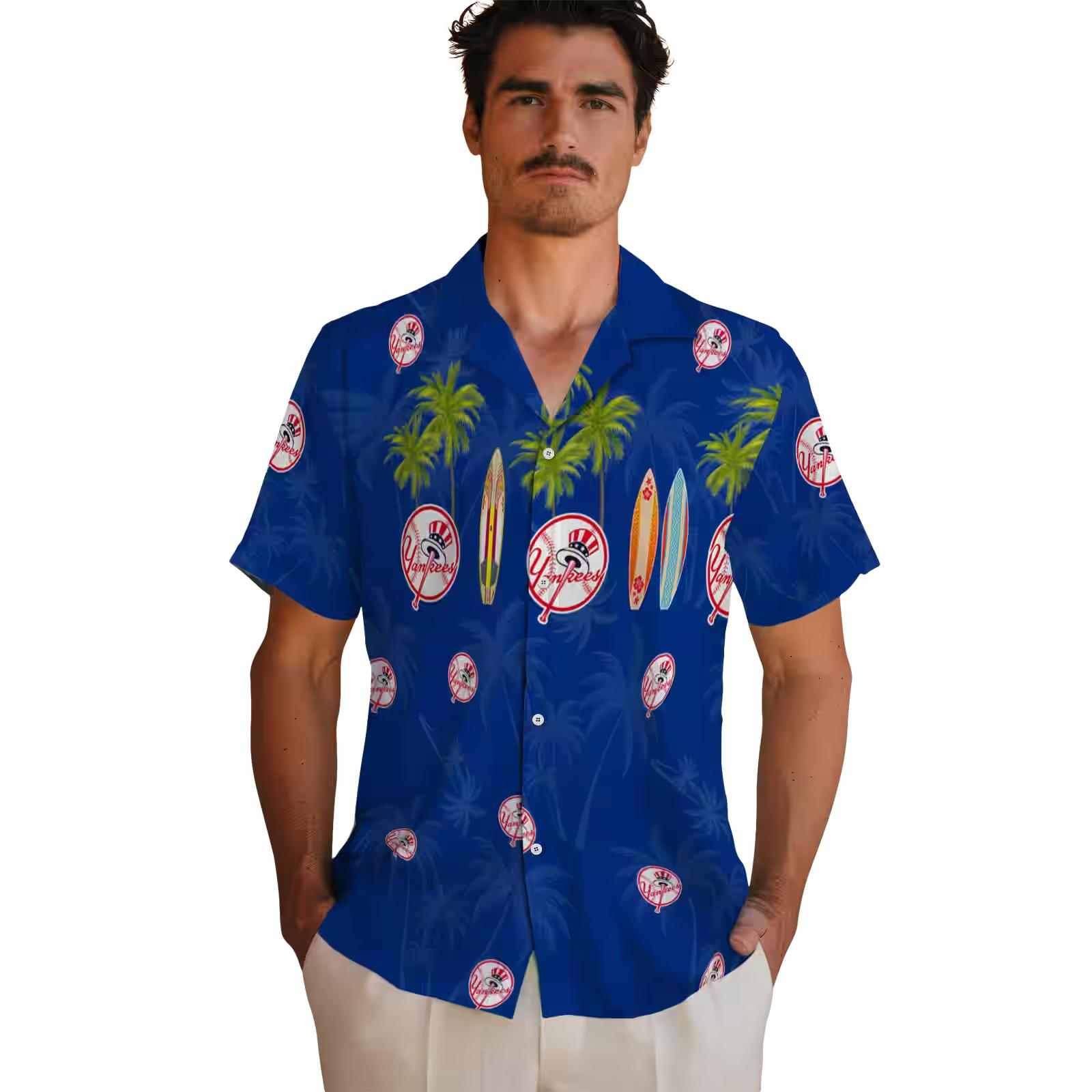 new york yankees surfboard palm navy hawaiian shirt fashion forward