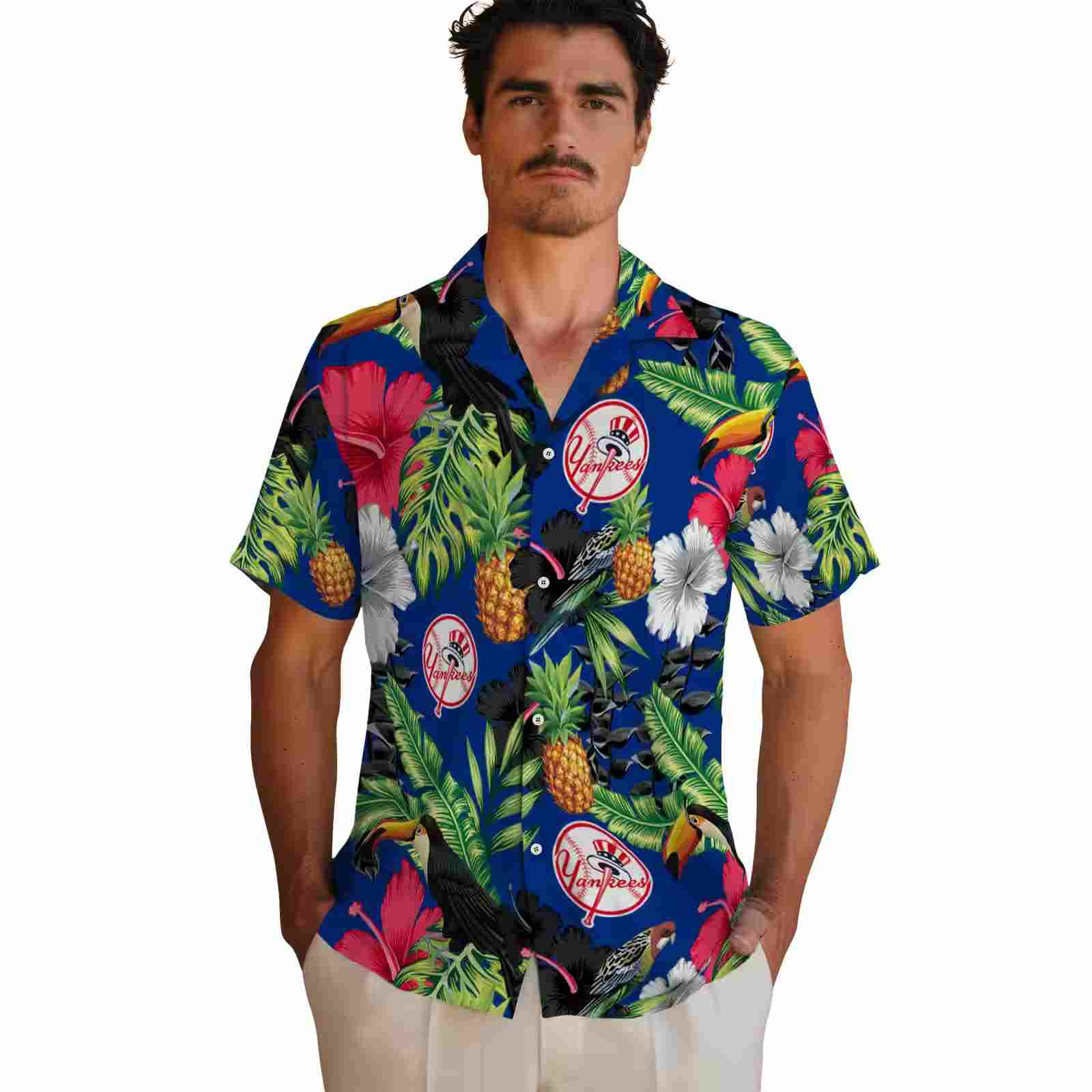 new york yankees toucan hibiscus pineapple navy green hawaiian shirt fashion forward