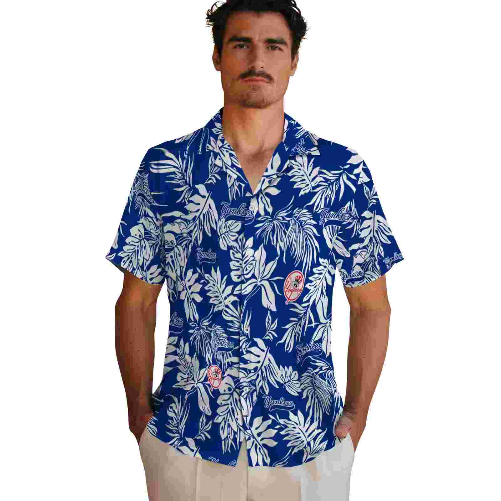 new york yankees tropical leaf navy white hawaiian shirt fashion forward