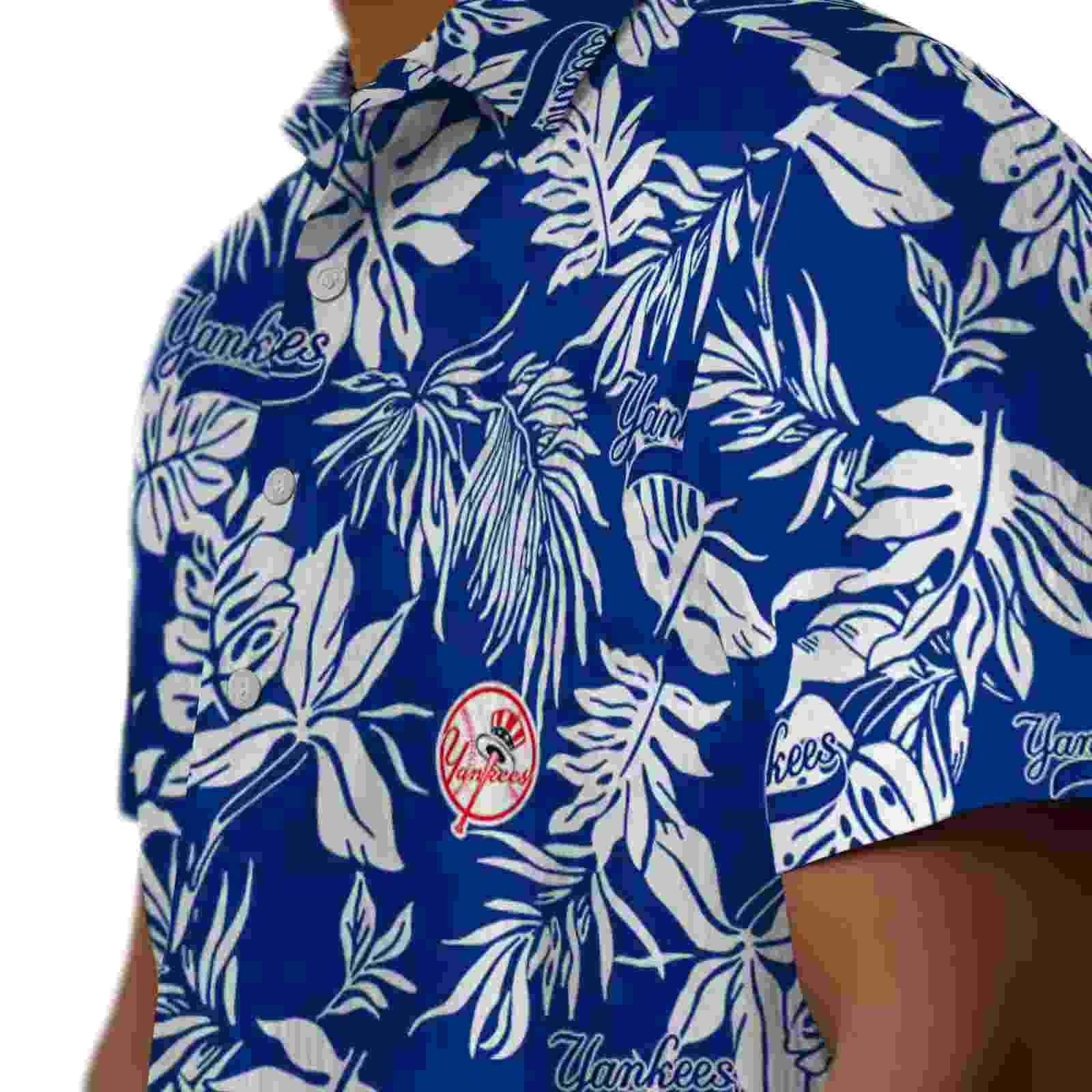 new york yankees tropical leaf navy white hawaiian shirt trendy