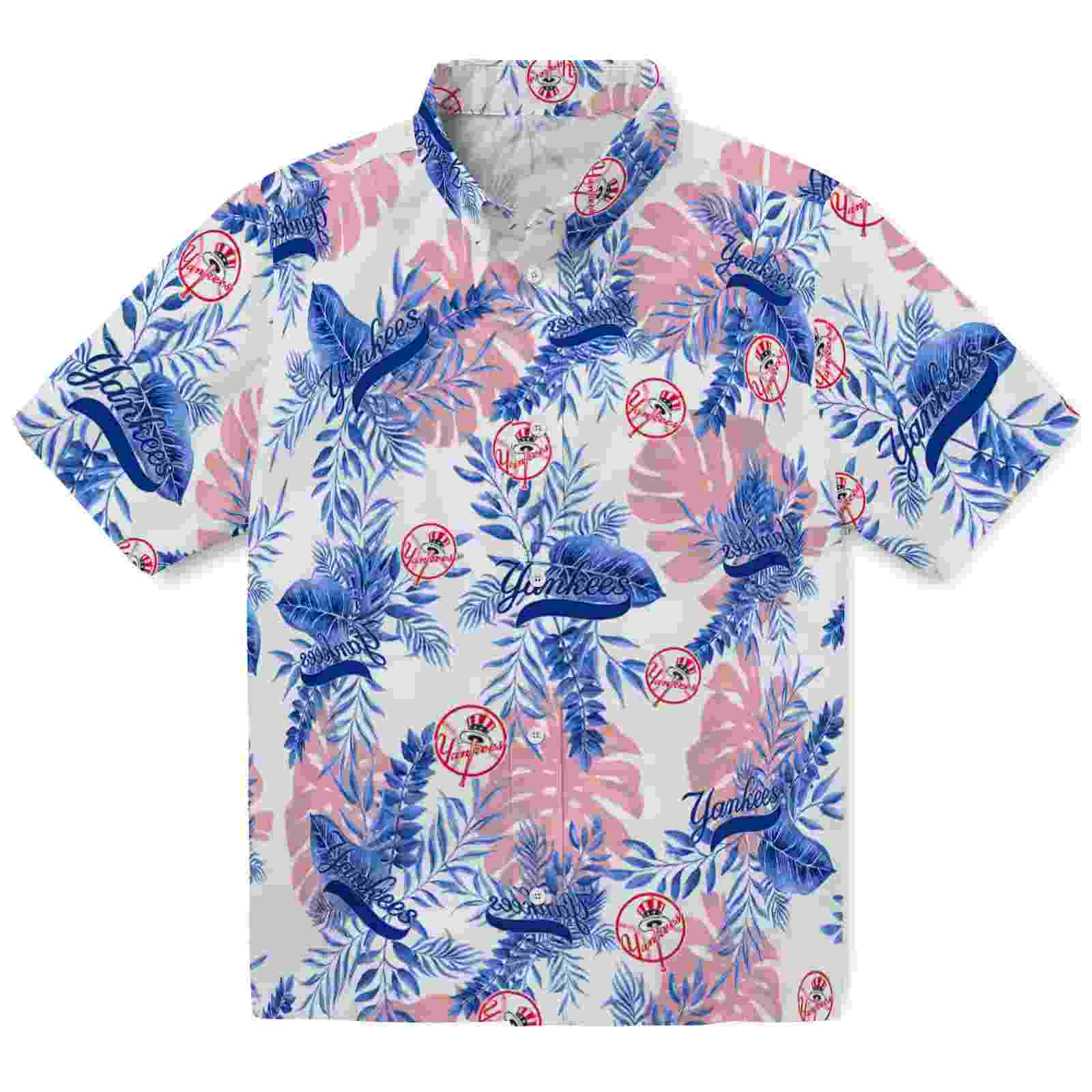 New York Yankees Tropical Leaves White Hawaiian Shirt