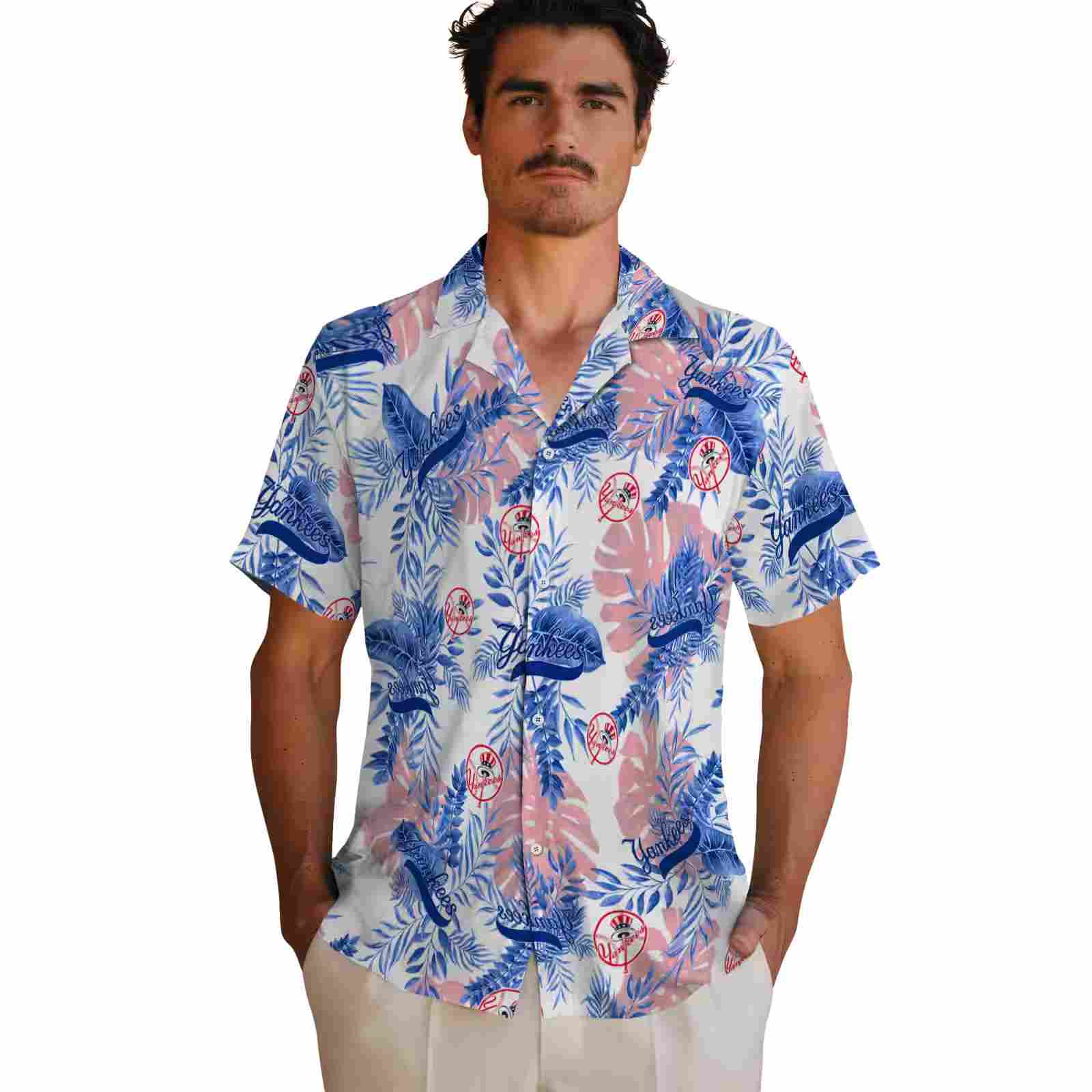 new york yankees tropical leaves white hawaiian shirt fashion forward