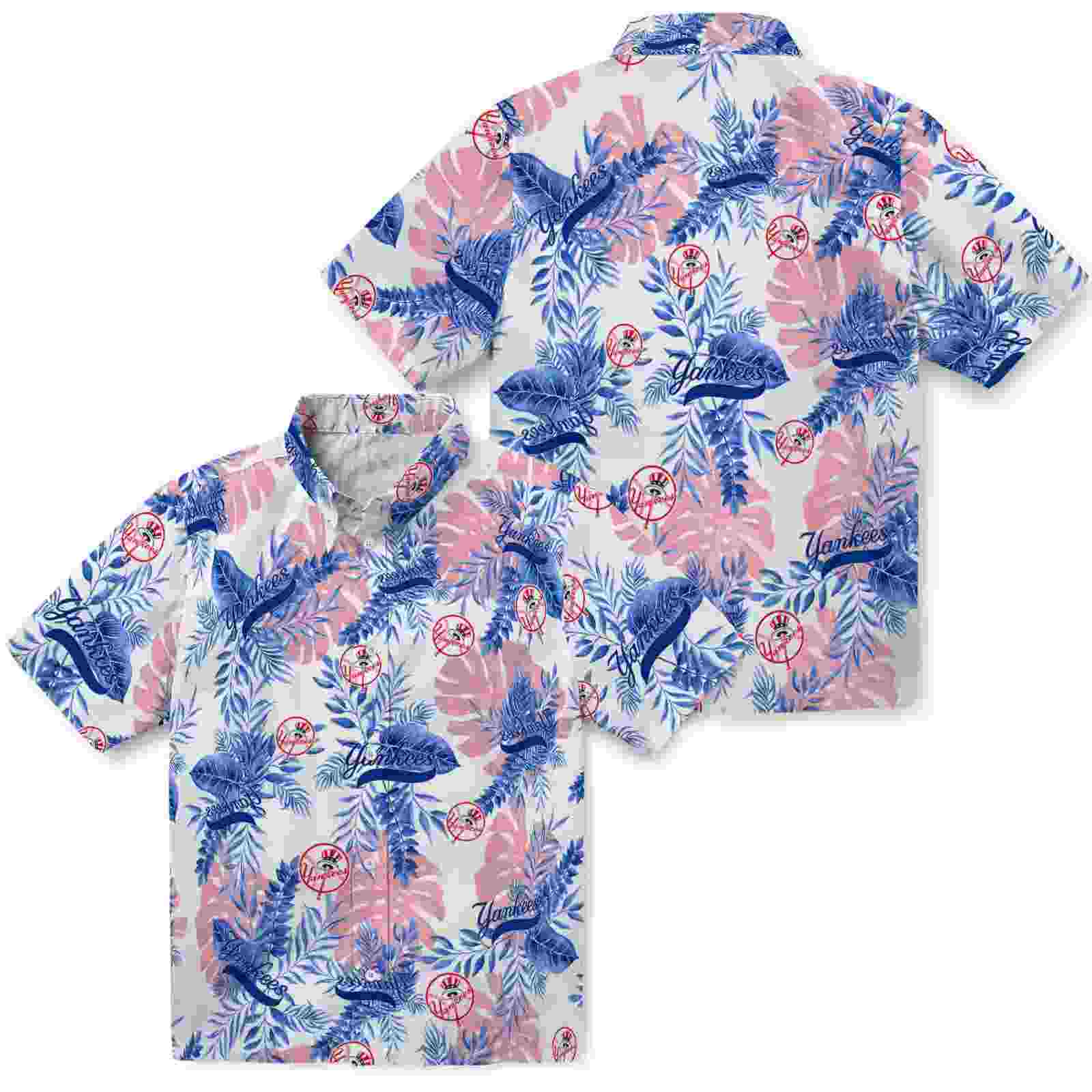 new york yankees tropical leaves white hawaiian shirt high quality