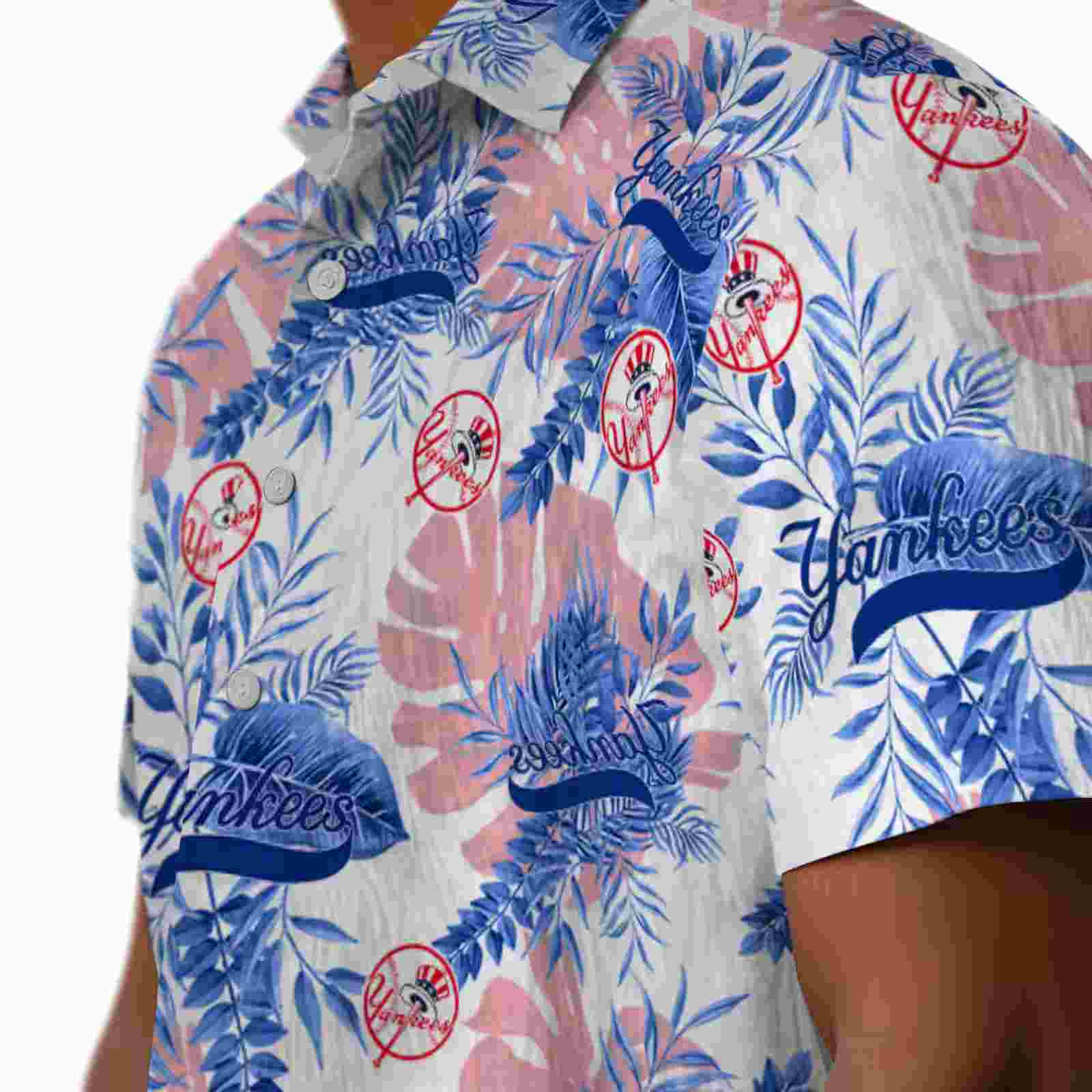 new york yankees tropical leaves white hawaiian shirt trendy