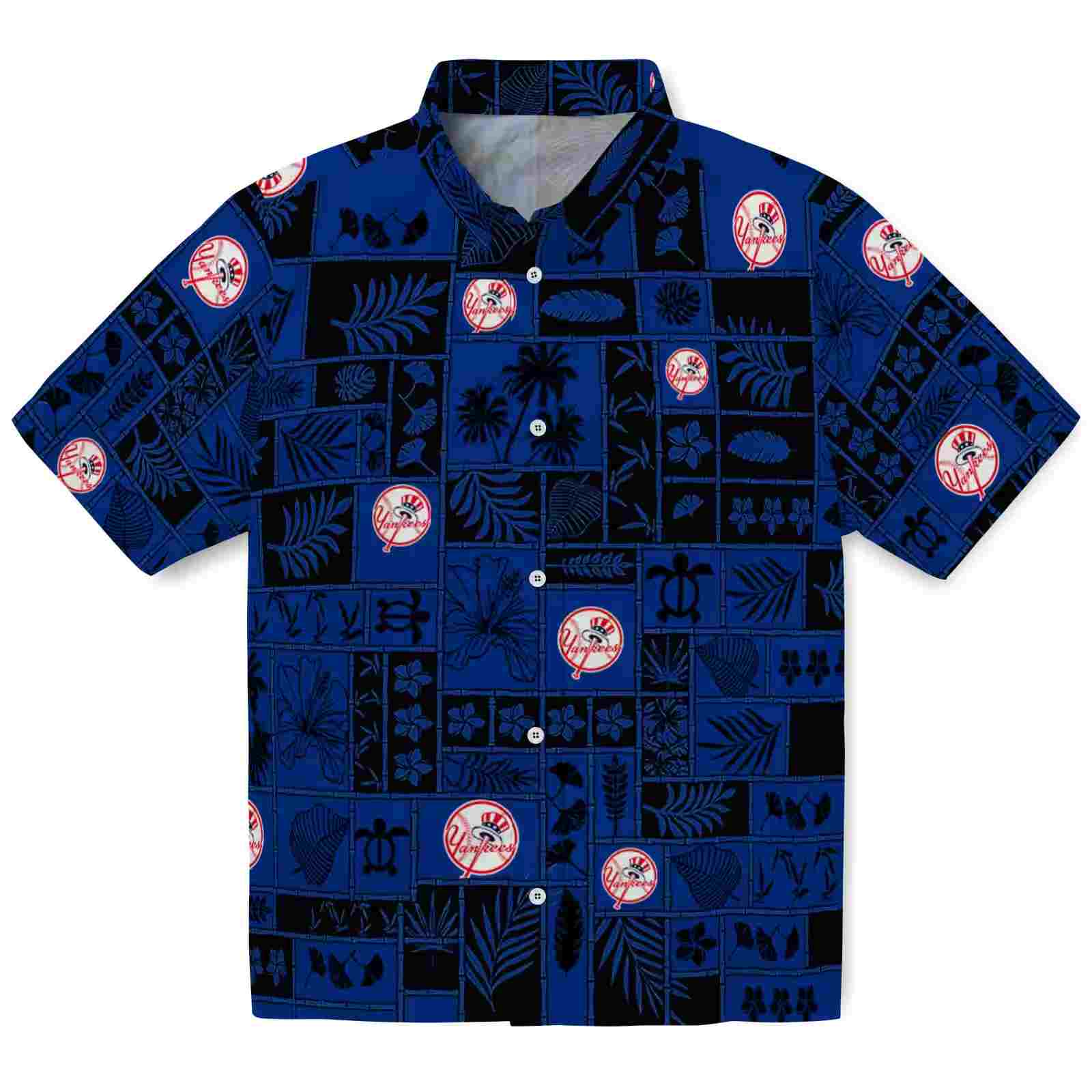 New York Yankees Tropical Patchwork Navy Black Hawaiian Shirt