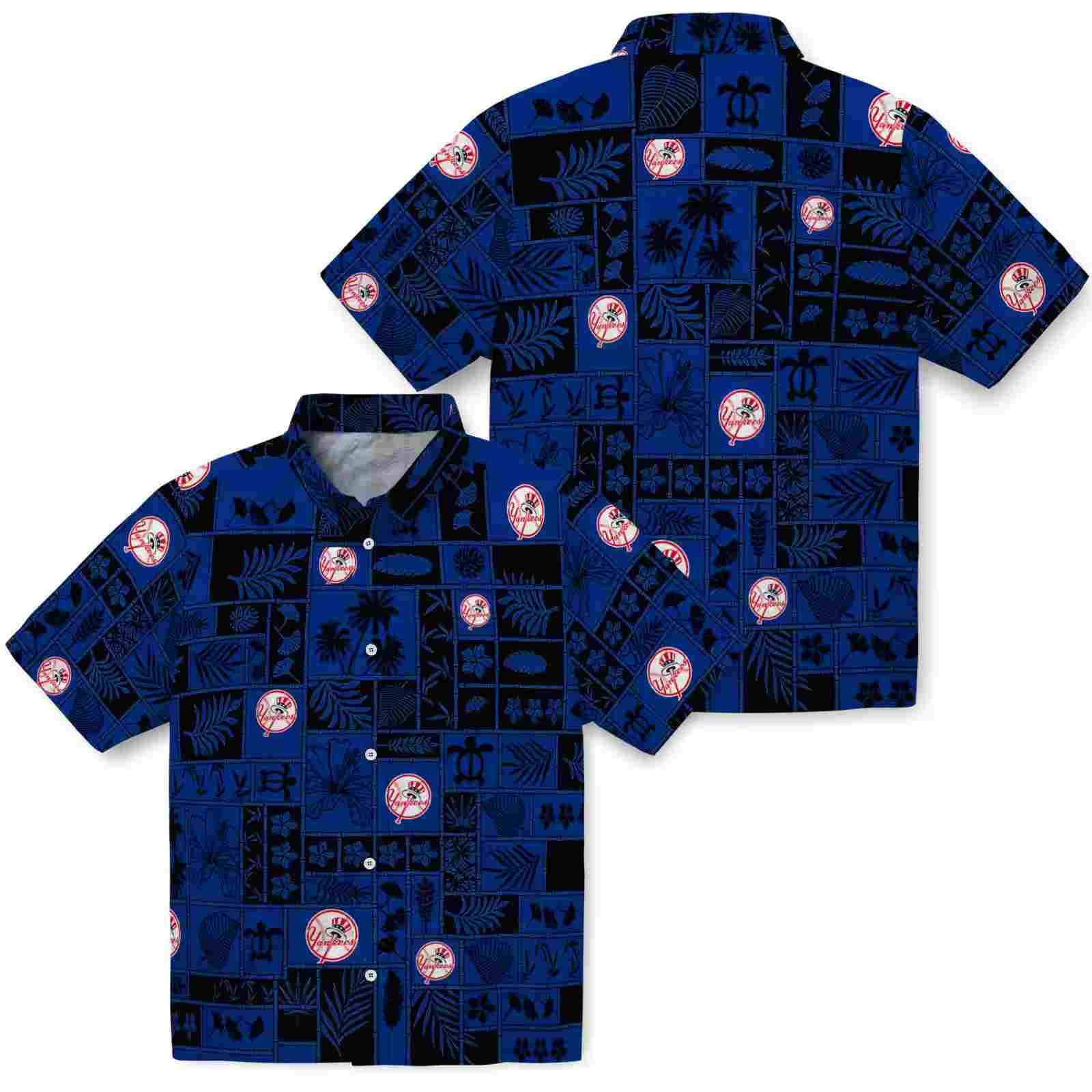 new york yankees tropical patchwork navy black hawaiian shirt high quality