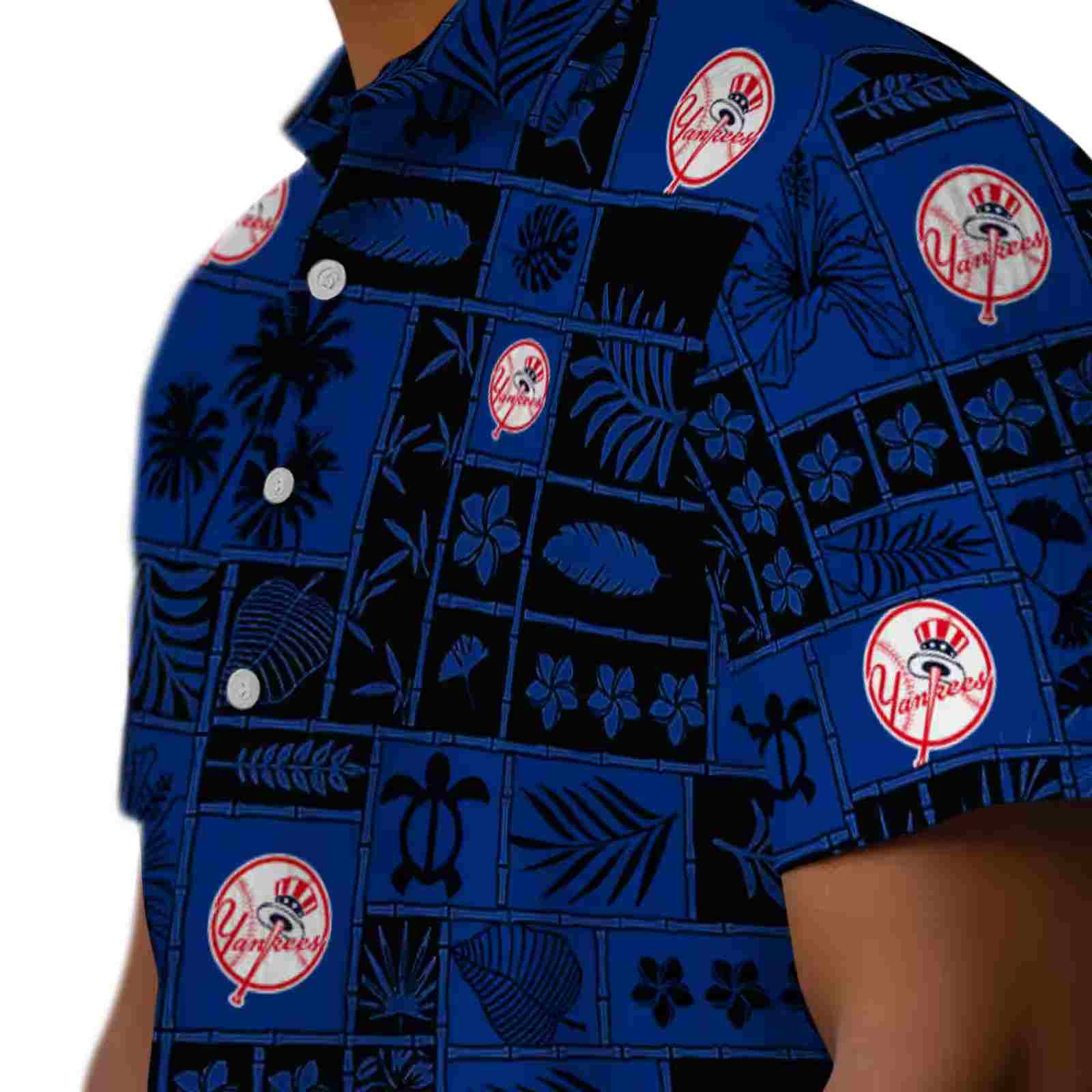 new york yankees tropical patchwork navy black hawaiian shirt trendy