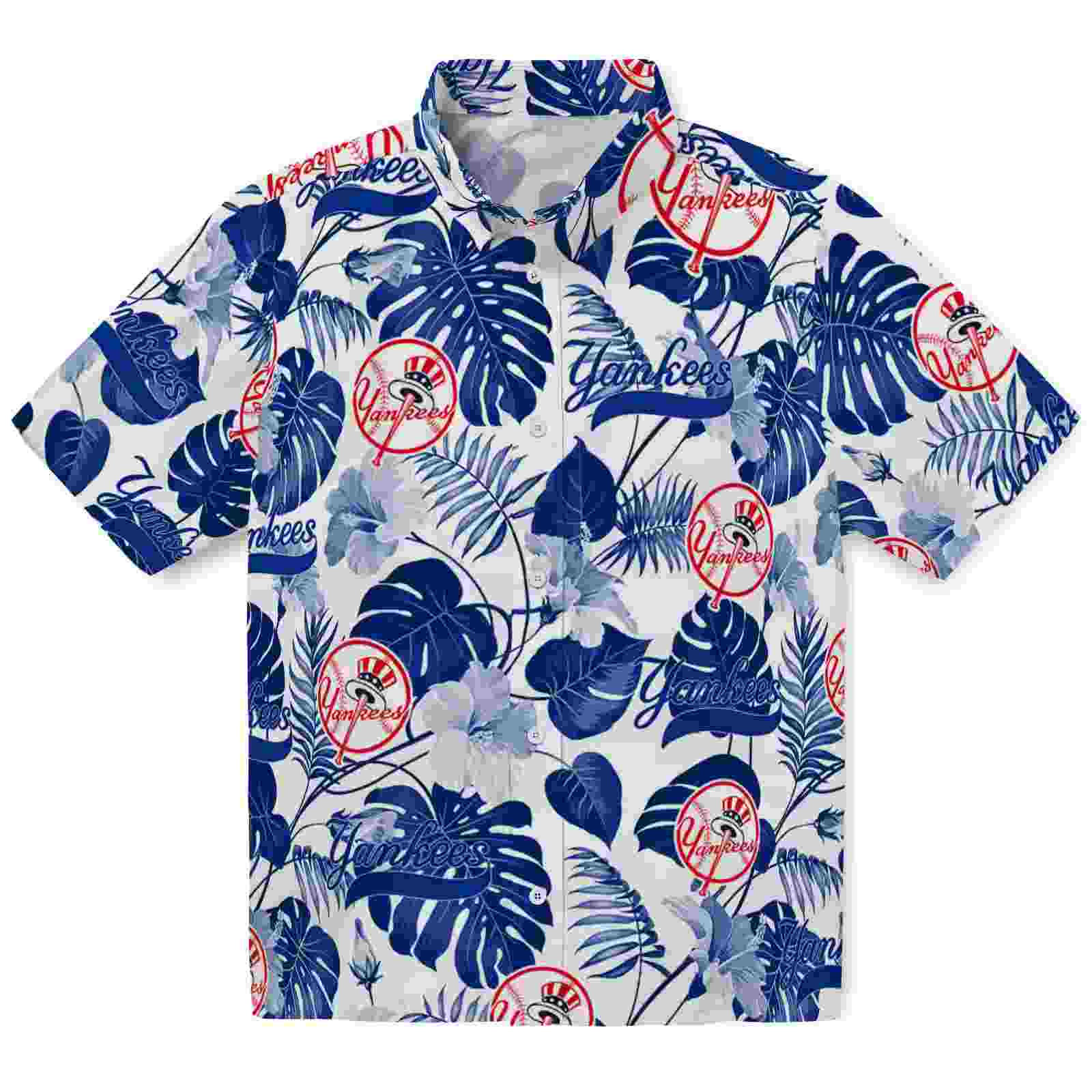 New York Yankees Tropical Plants Navy White Hawaiian Shirt