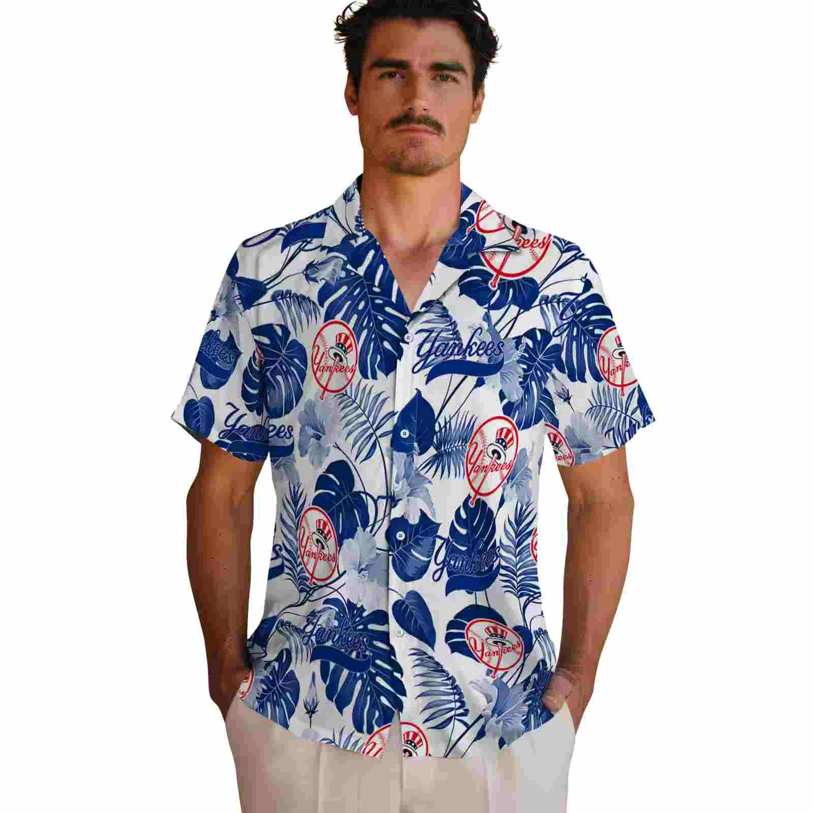 new york yankees tropical plants navy white hawaiian shirt fashion forward