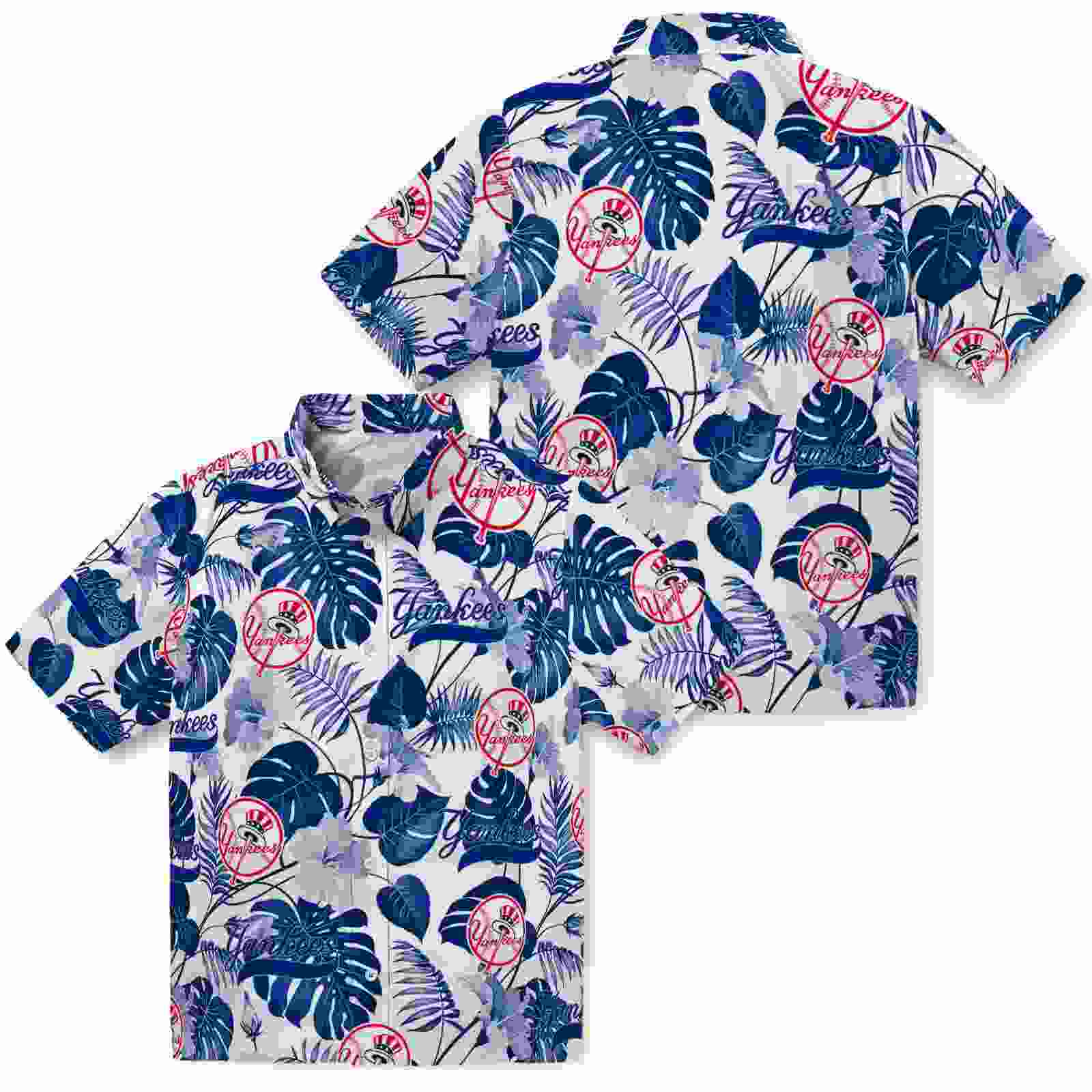 new york yankees tropical plants navy white hawaiian shirt high quality