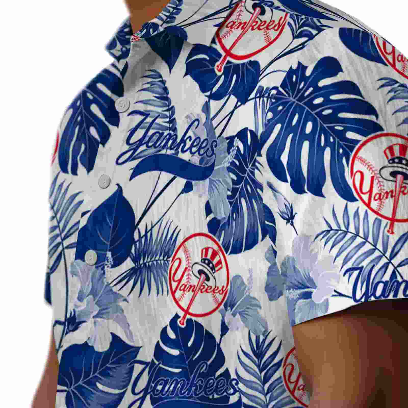 new york yankees tropical plants navy white hawaiian shirt trendy