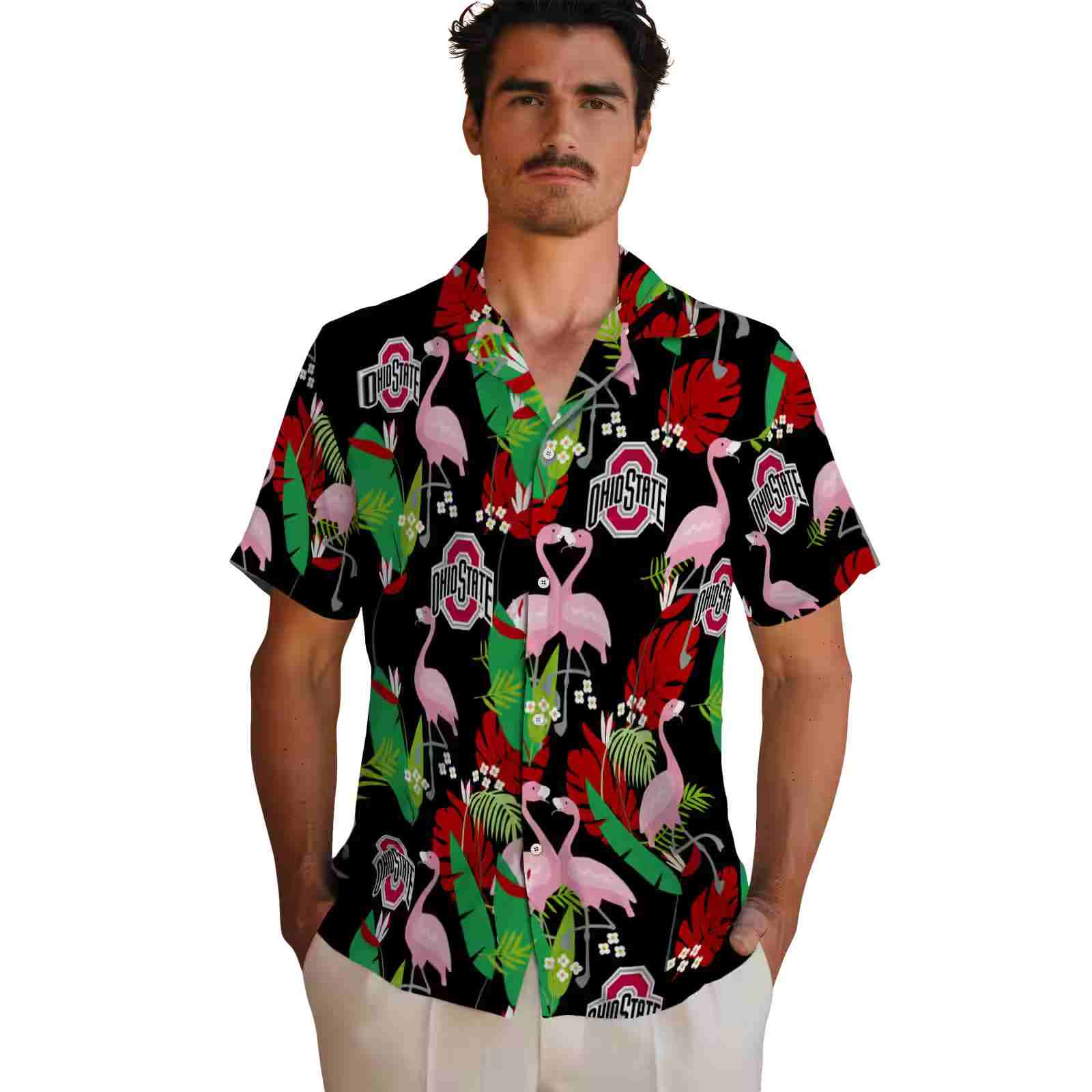 ohio state buckeyes flamingo foliage scarlet green hawaiian shirt fashion forward