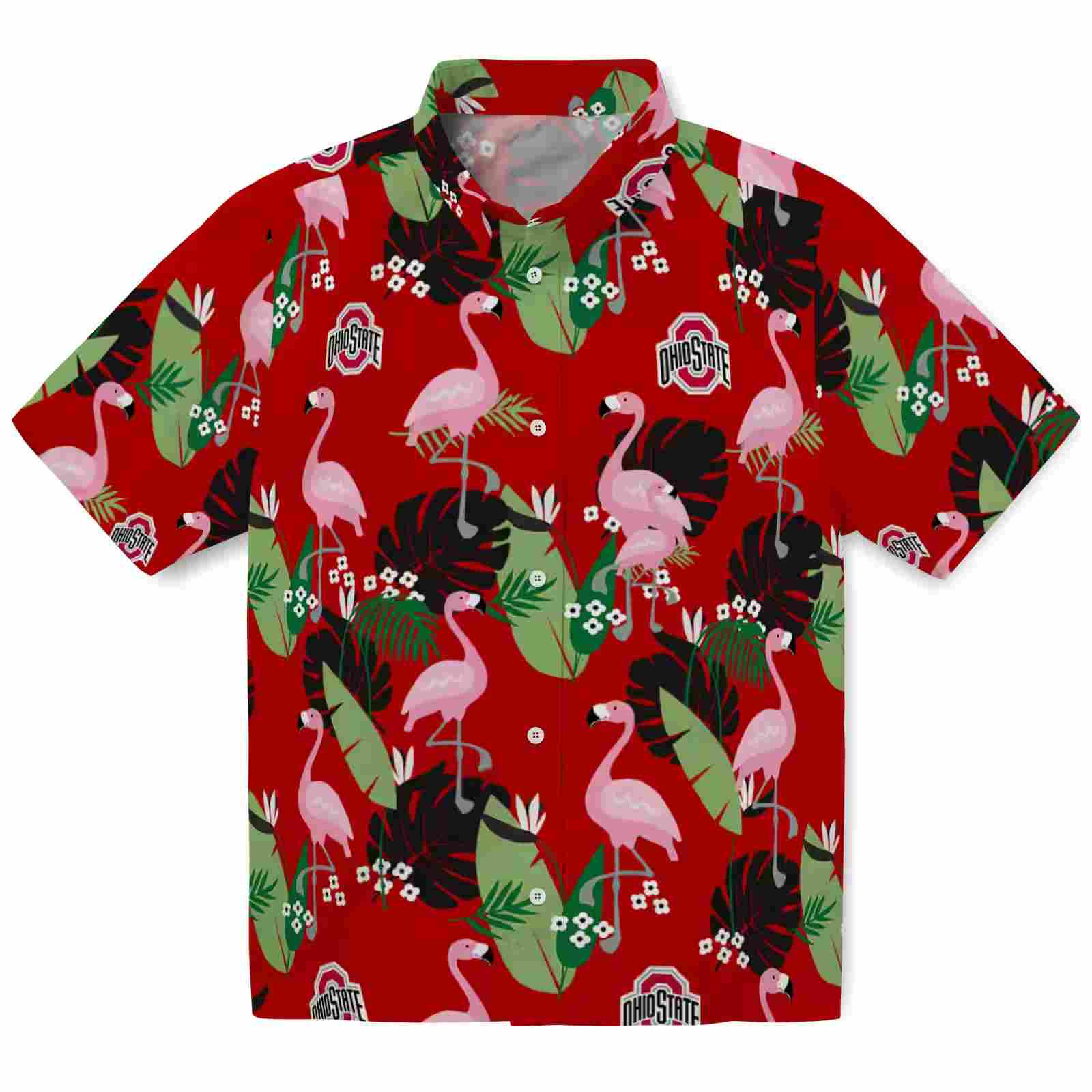 Ohio State Buckeyes Flamingo Leaf Motif Scarlet Hawaiian Shirt