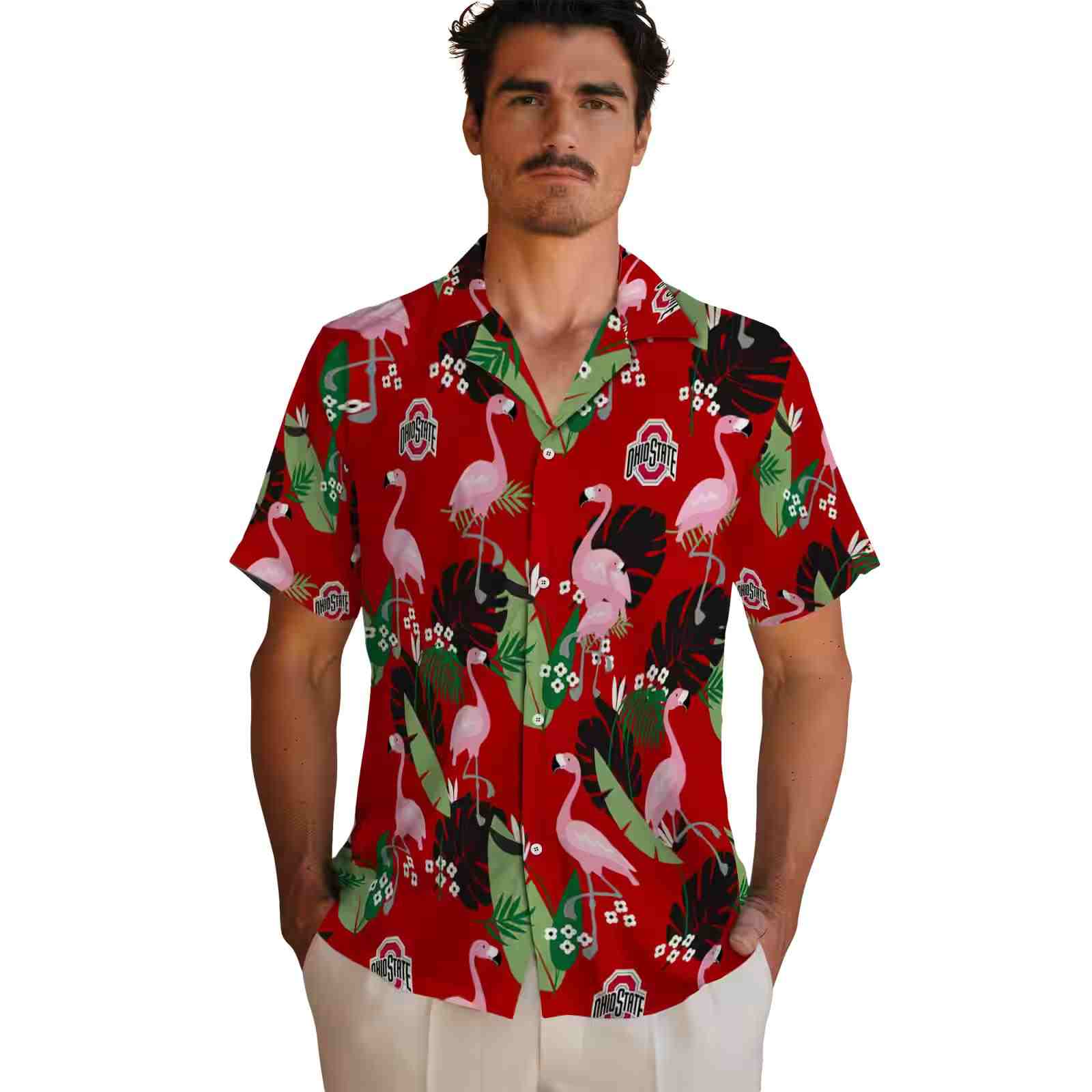 ohio state buckeyes flamingo leaf motif scarlet hawaiian shirt fashion forward