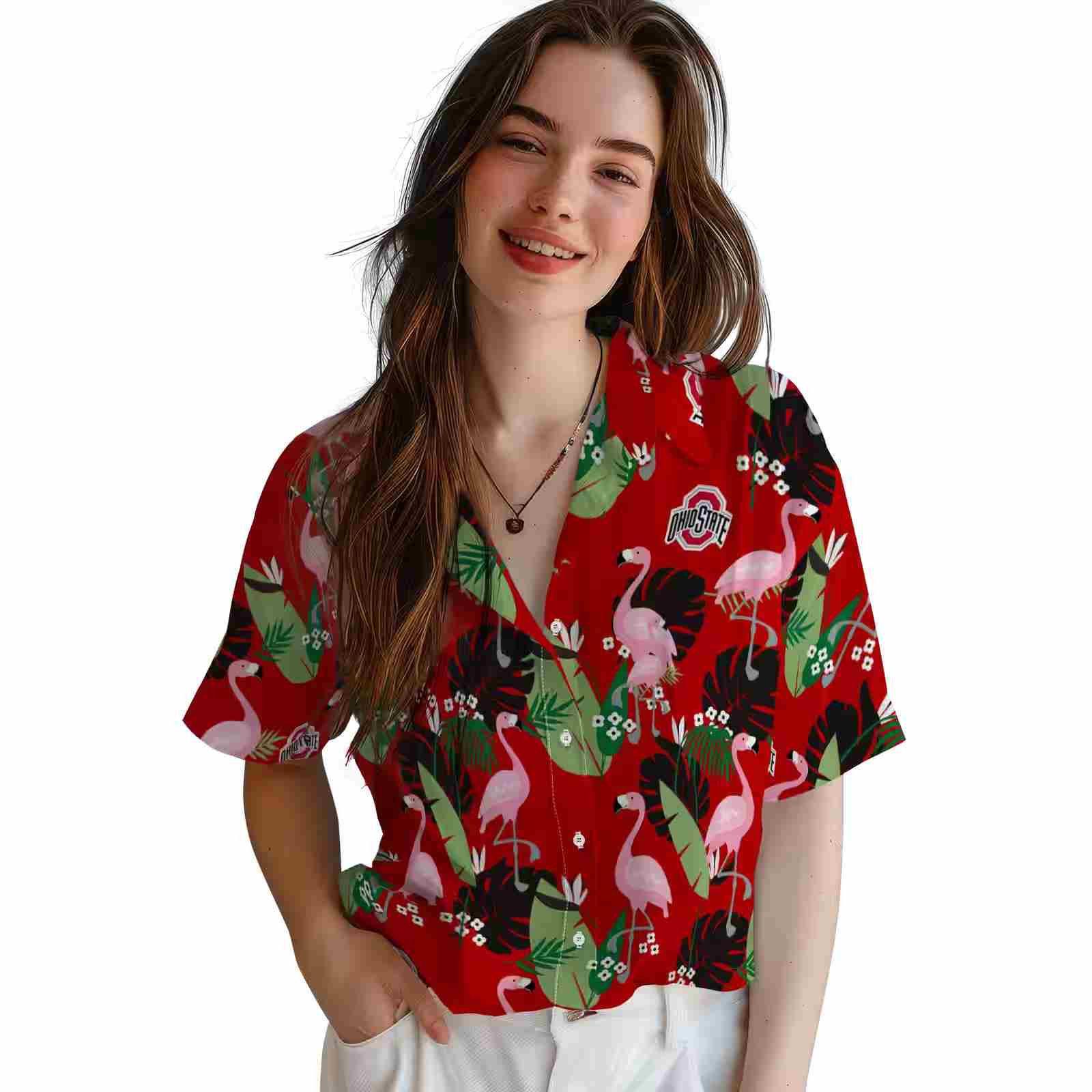 ohio state buckeyes flamingo leaf motif scarlet hawaiian shirt latest model