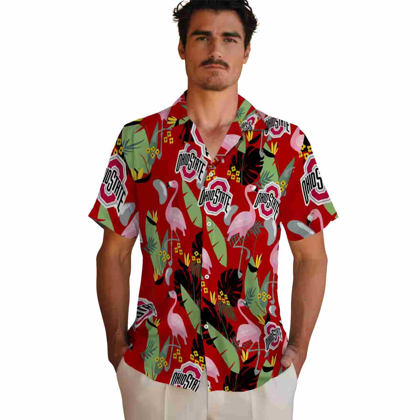 ohio state buckeyes flamingo leaves scarlet hawaiian shirt fashion forward