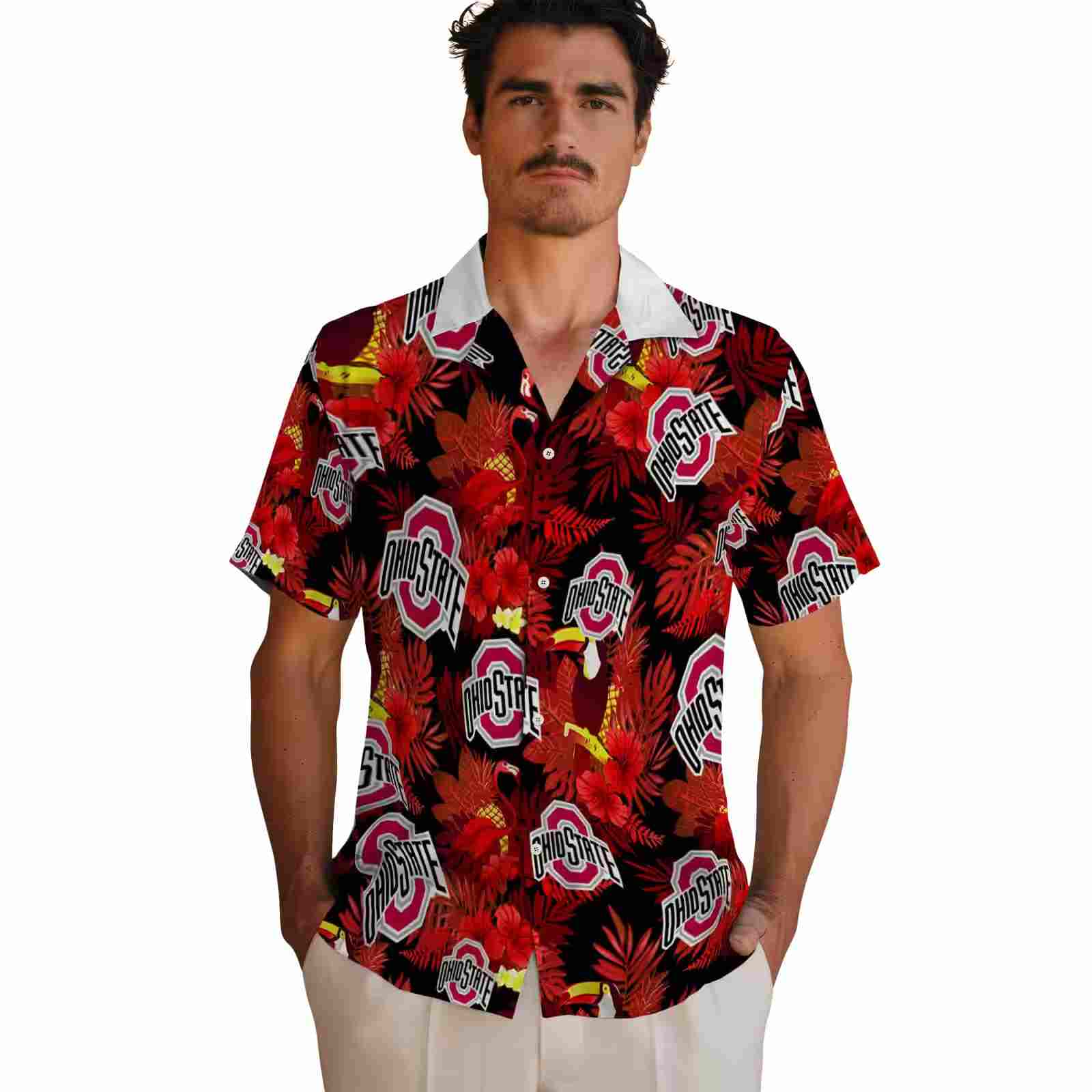 ohio state buckeyes floral toucan scarlet red hawaiian shirt fashion forward