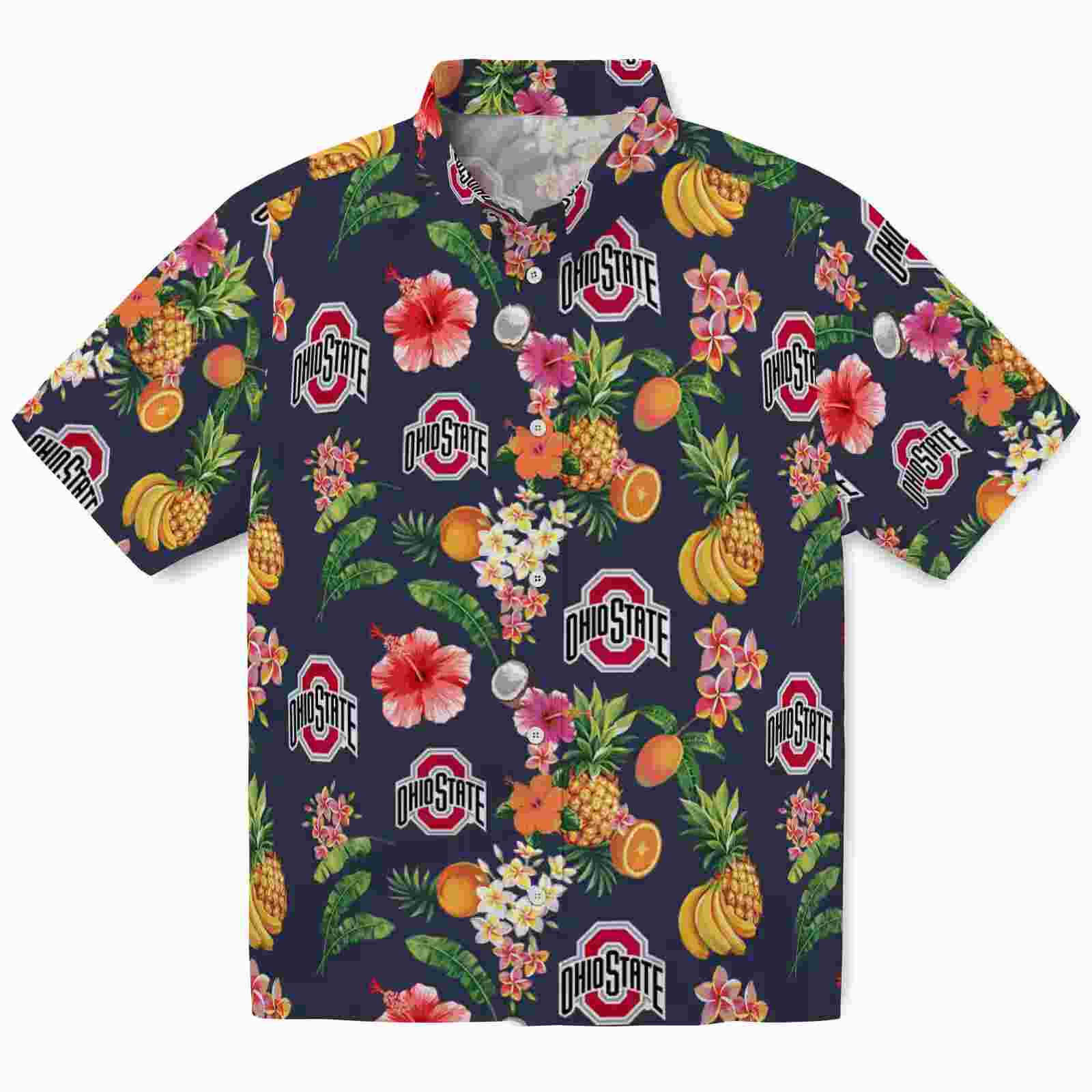 Ohio State Buckeyes Hibiscus And Fruit Navy Blue Hawaiian Shirt