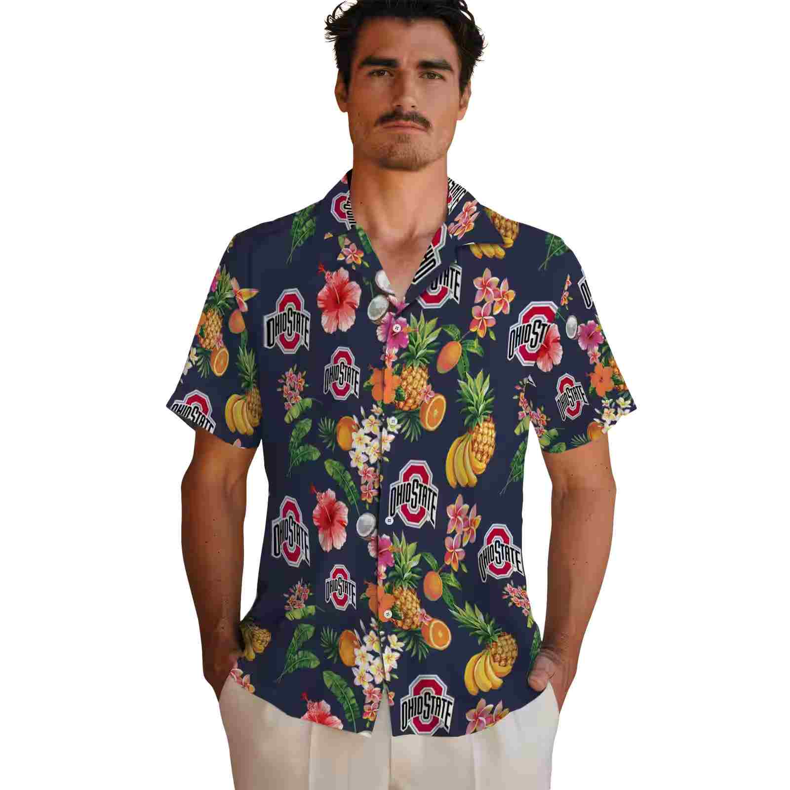 ohio state buckeyes hibiscus and fruit navy blue hawaiian shirt fashion forward