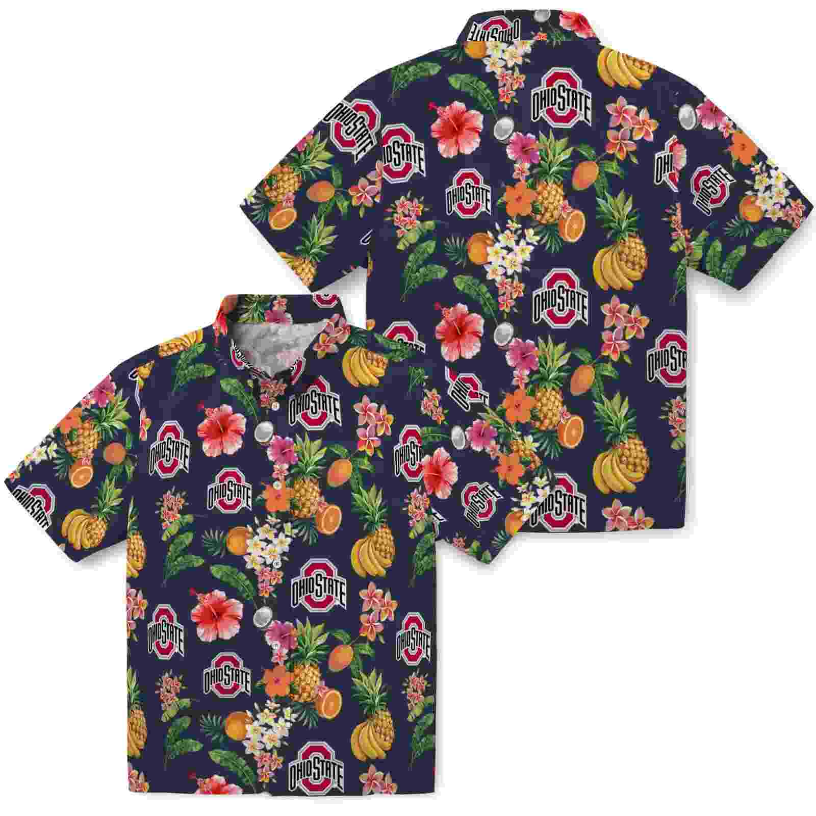 ohio state buckeyes hibiscus and fruit navy blue hawaiian shirt high quality