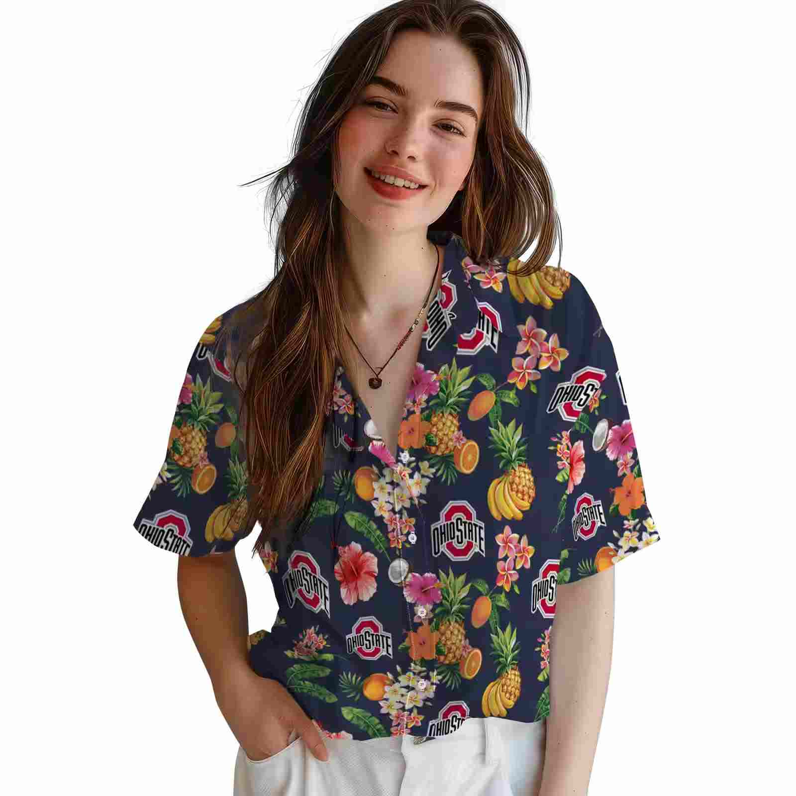 ohio state buckeyes hibiscus and fruit navy blue hawaiian shirt latest model