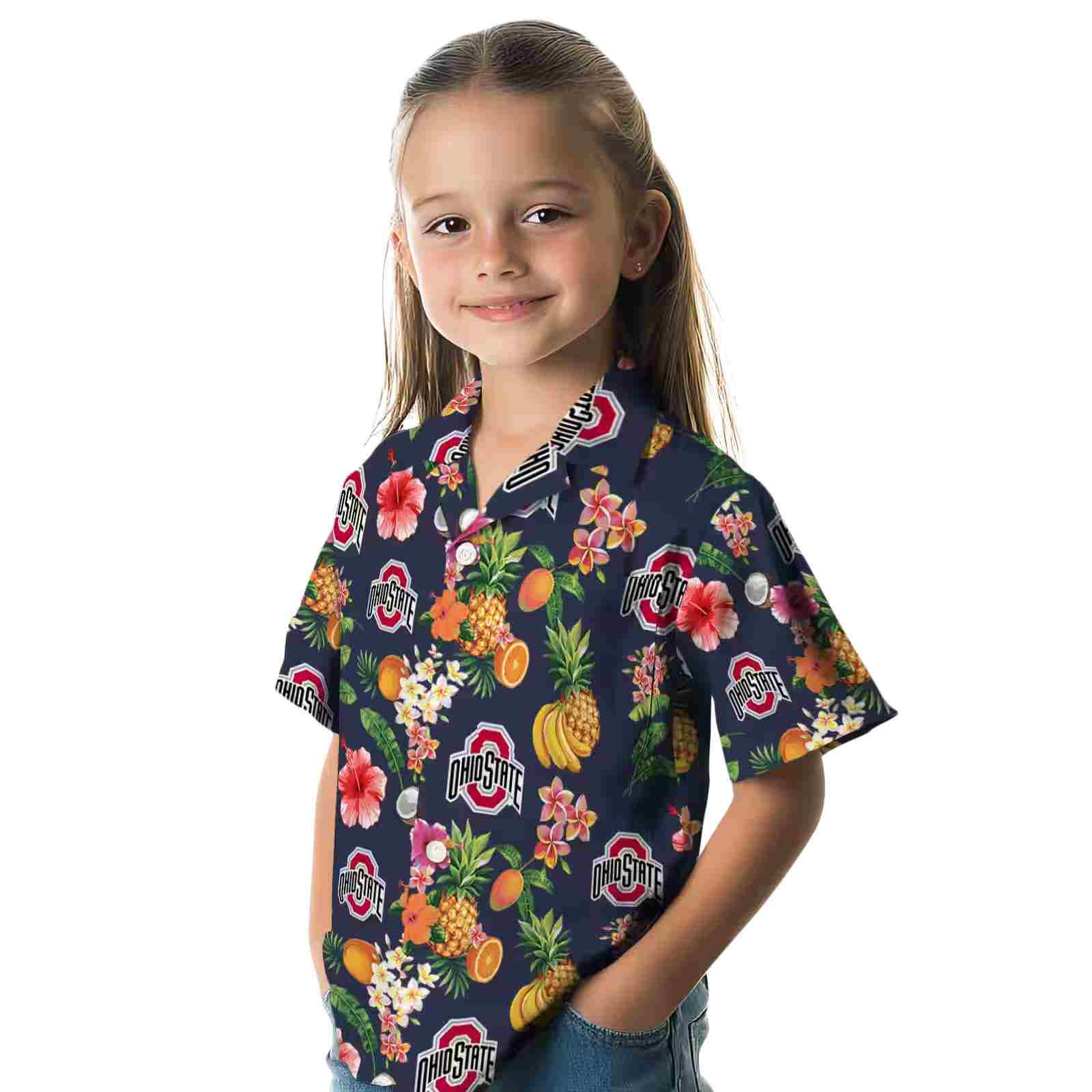 ohio state buckeyes hibiscus and fruit navy blue hawaiian shirt premium grade