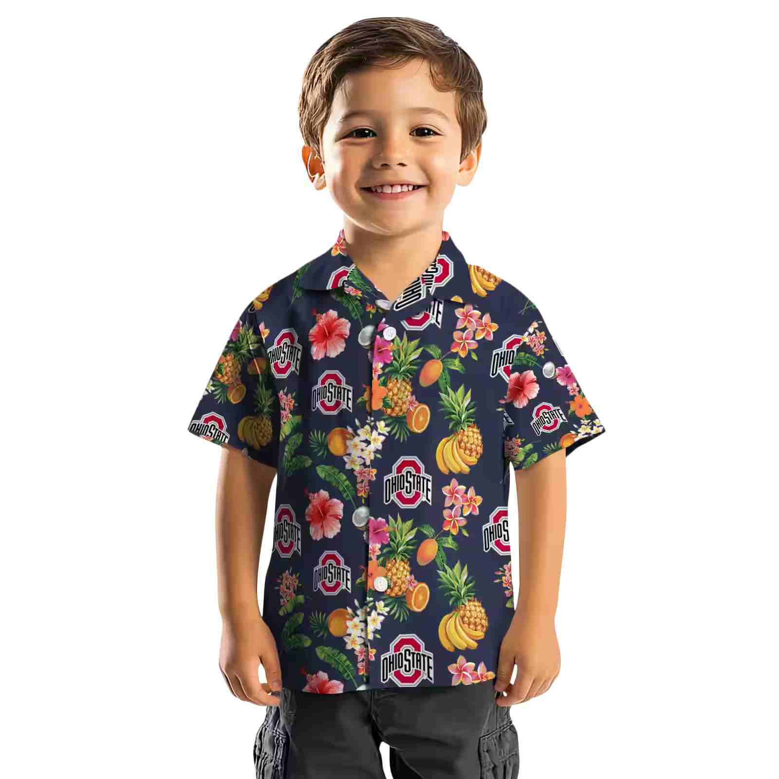 ohio state buckeyes hibiscus and fruit navy blue hawaiian shirt top rated