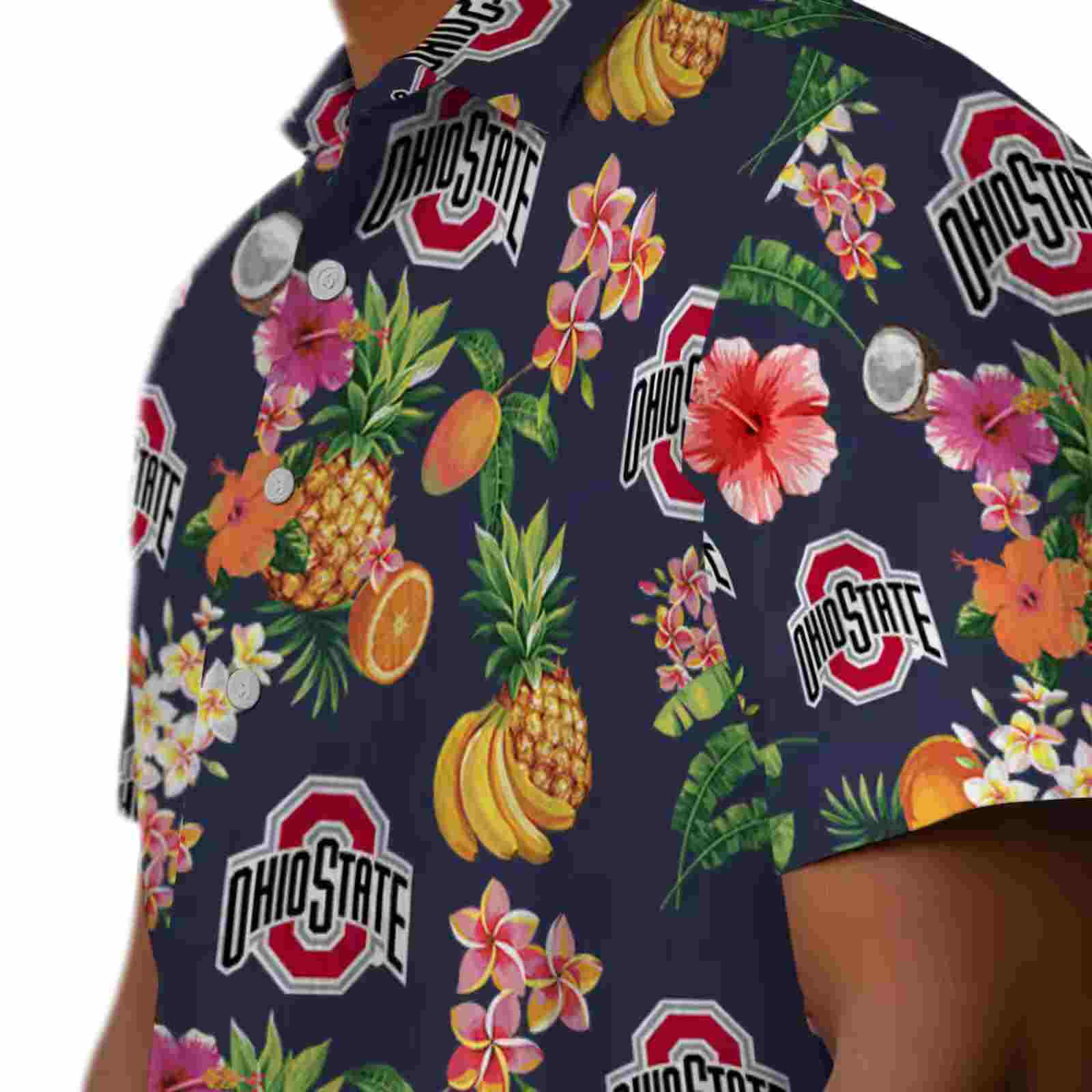 ohio state buckeyes hibiscus and fruit navy blue hawaiian shirt trendy