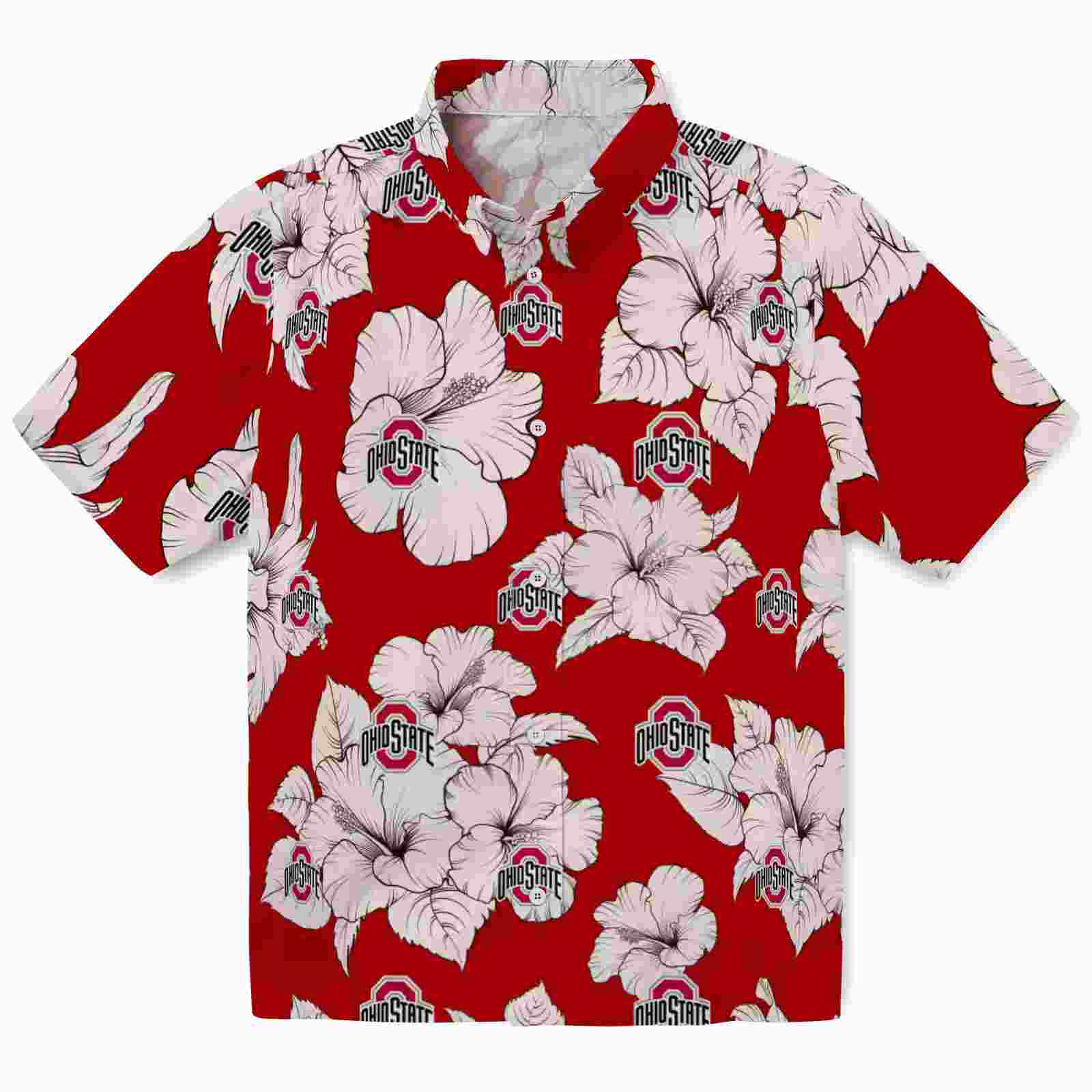 Ohio State Buckeyes Hibiscus Blooms Scarlet White Hawaiian Shirt