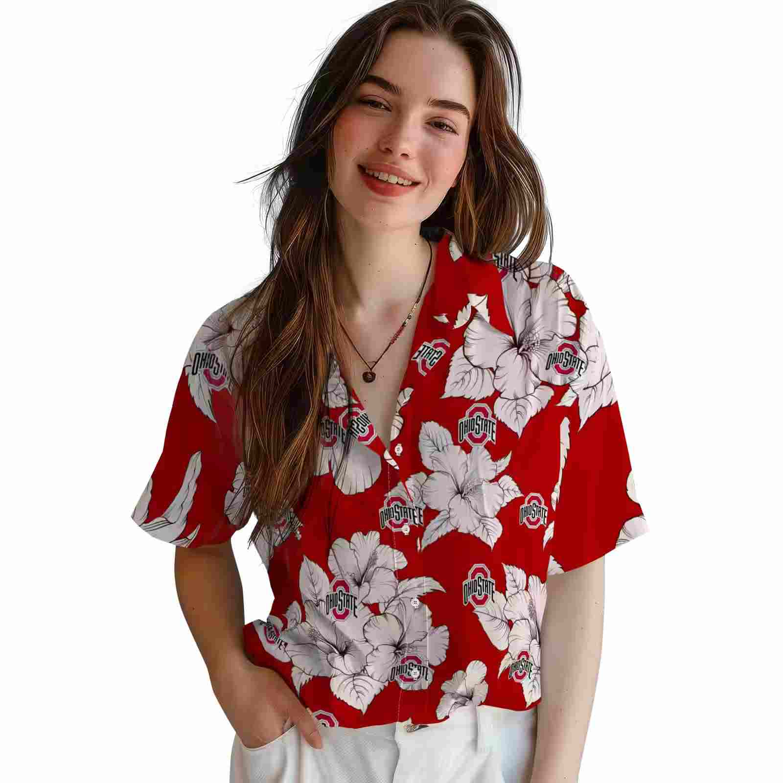 ohio state buckeyes hibiscus blooms scarlet white hawaiian shirt latest model