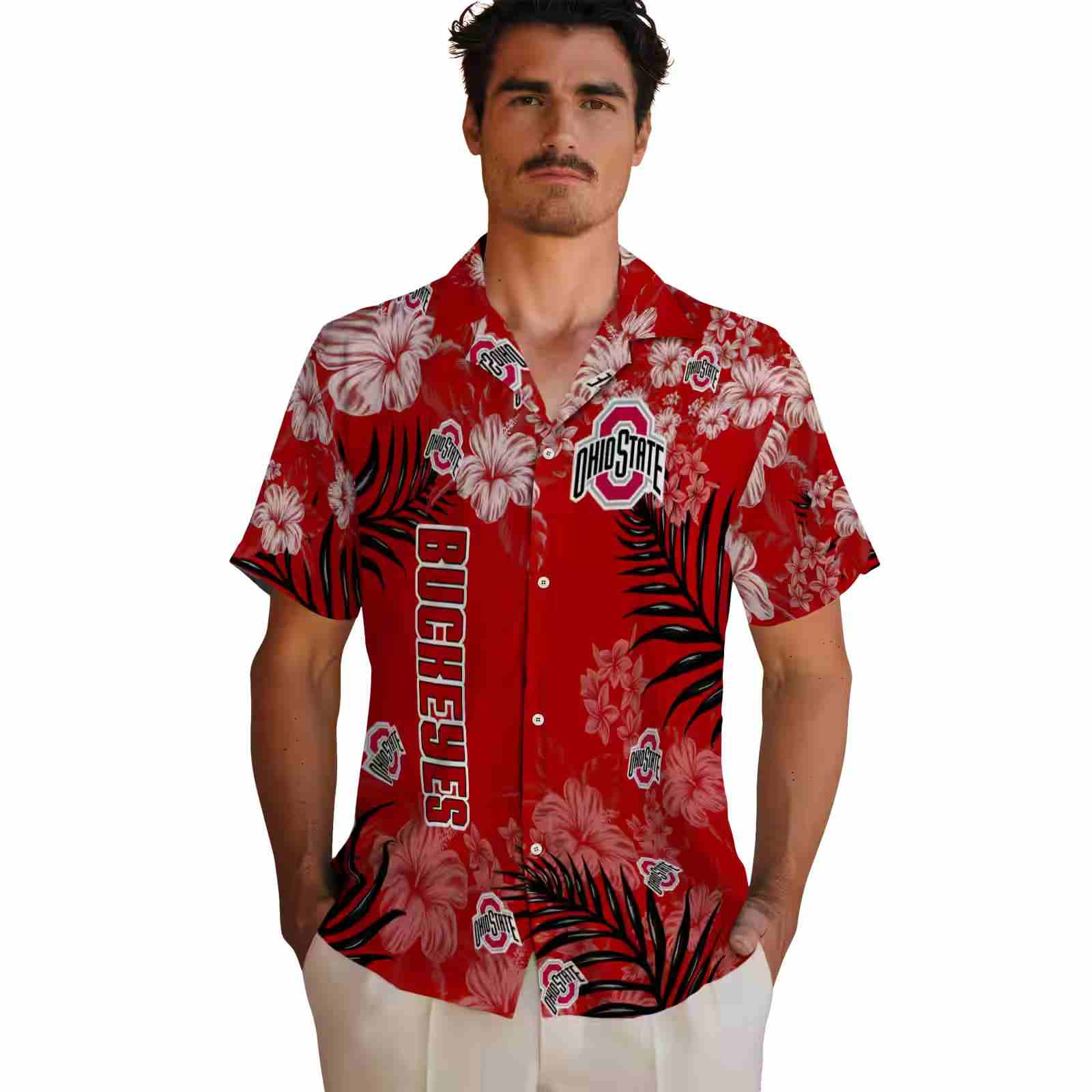 ohio state buckeyes hibiscus print scarlet hawaiian shirt fashion forward