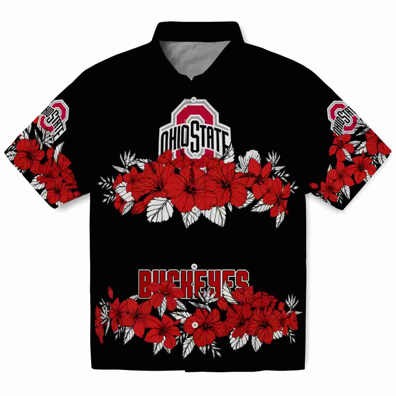 Ohio State Buckeyes Hibiscus Stripe Scarlet Black Hawaiian Shirt