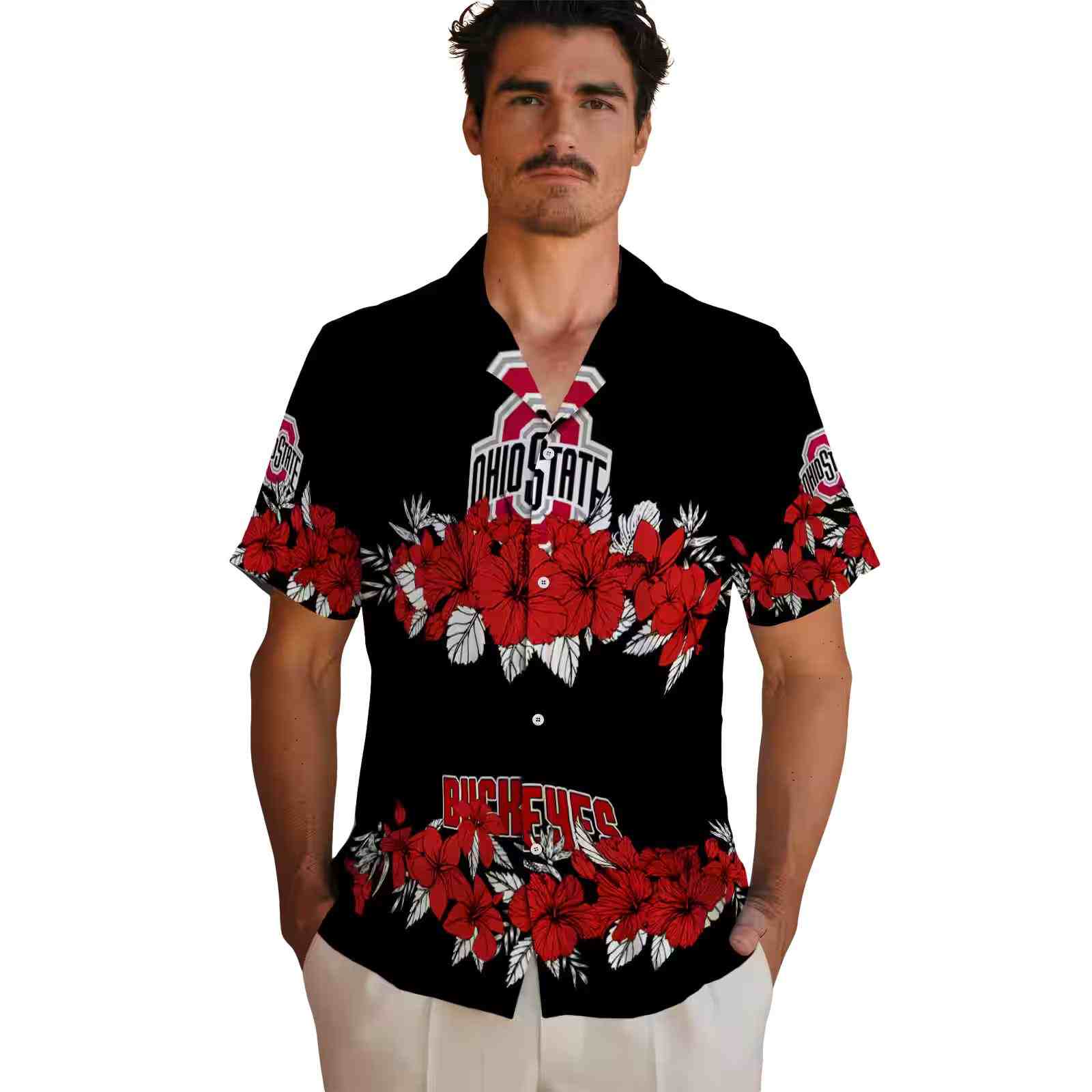 ohio state buckeyes hibiscus stripe scarlet black hawaiian shirt fashion forward