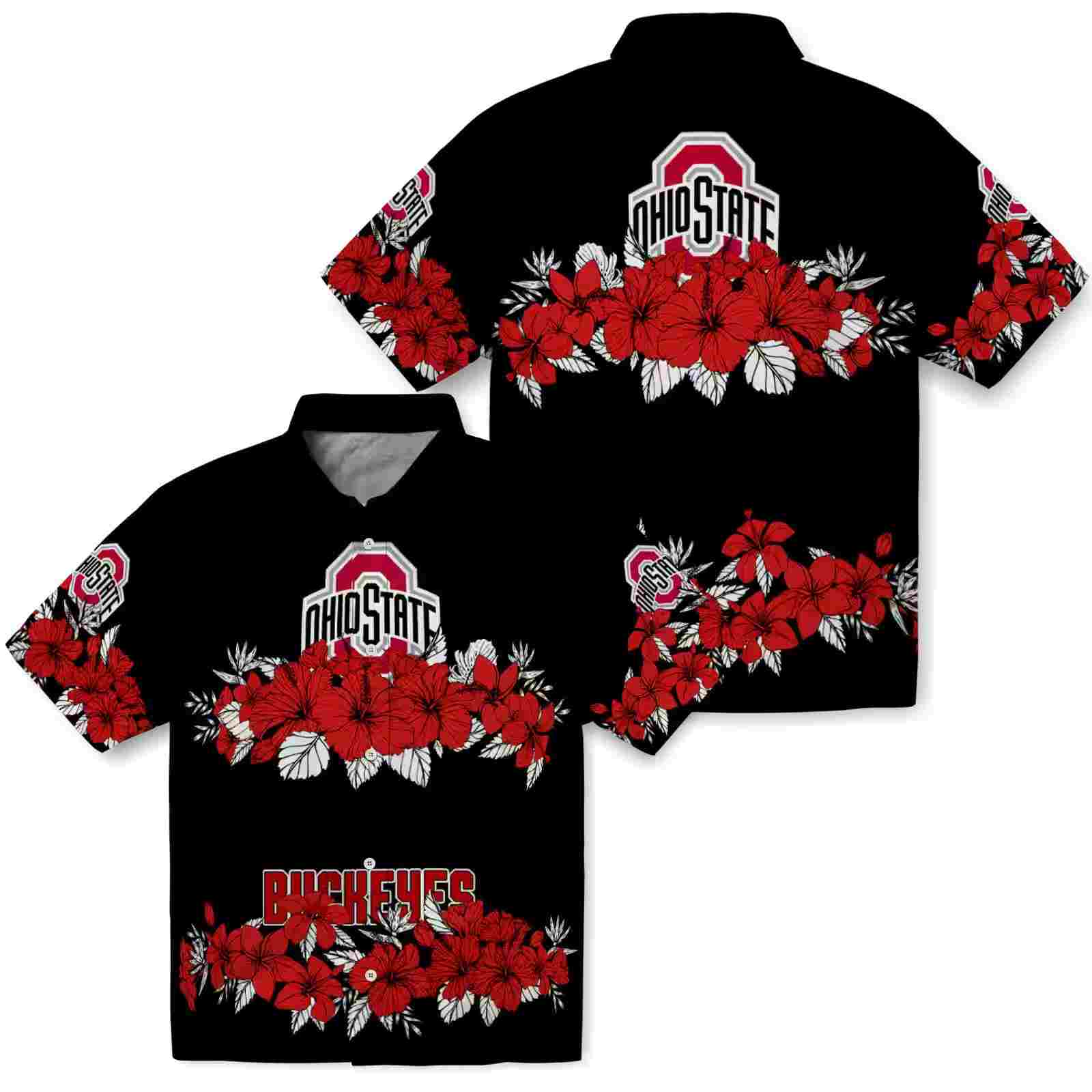 ohio state buckeyes hibiscus stripe scarlet black hawaiian shirt high quality