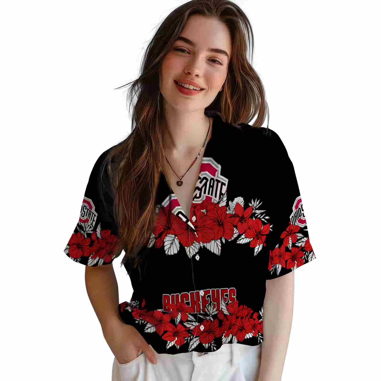 ohio state buckeyes hibiscus stripe scarlet black hawaiian shirt latest model