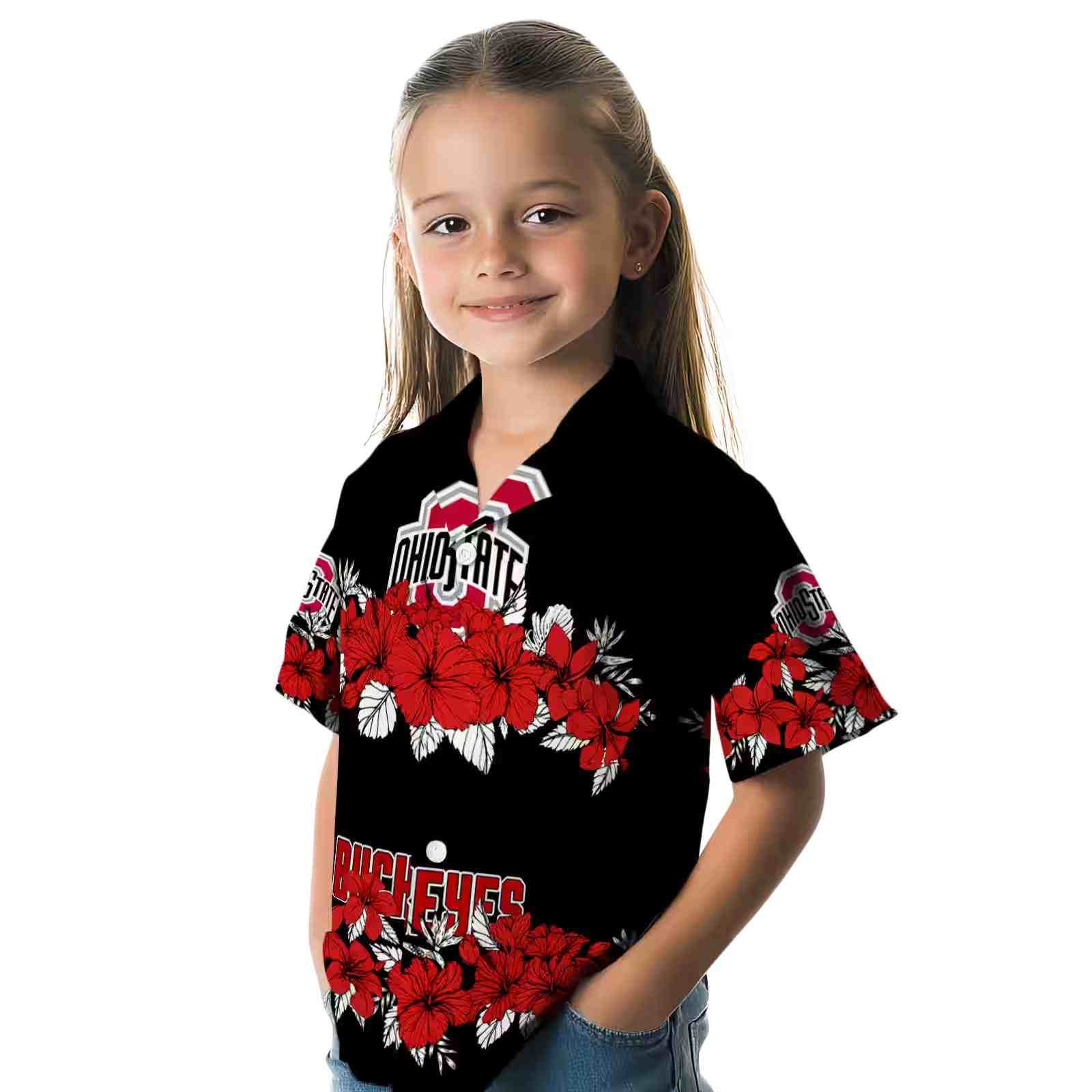 ohio state buckeyes hibiscus stripe scarlet black hawaiian shirt premium grade