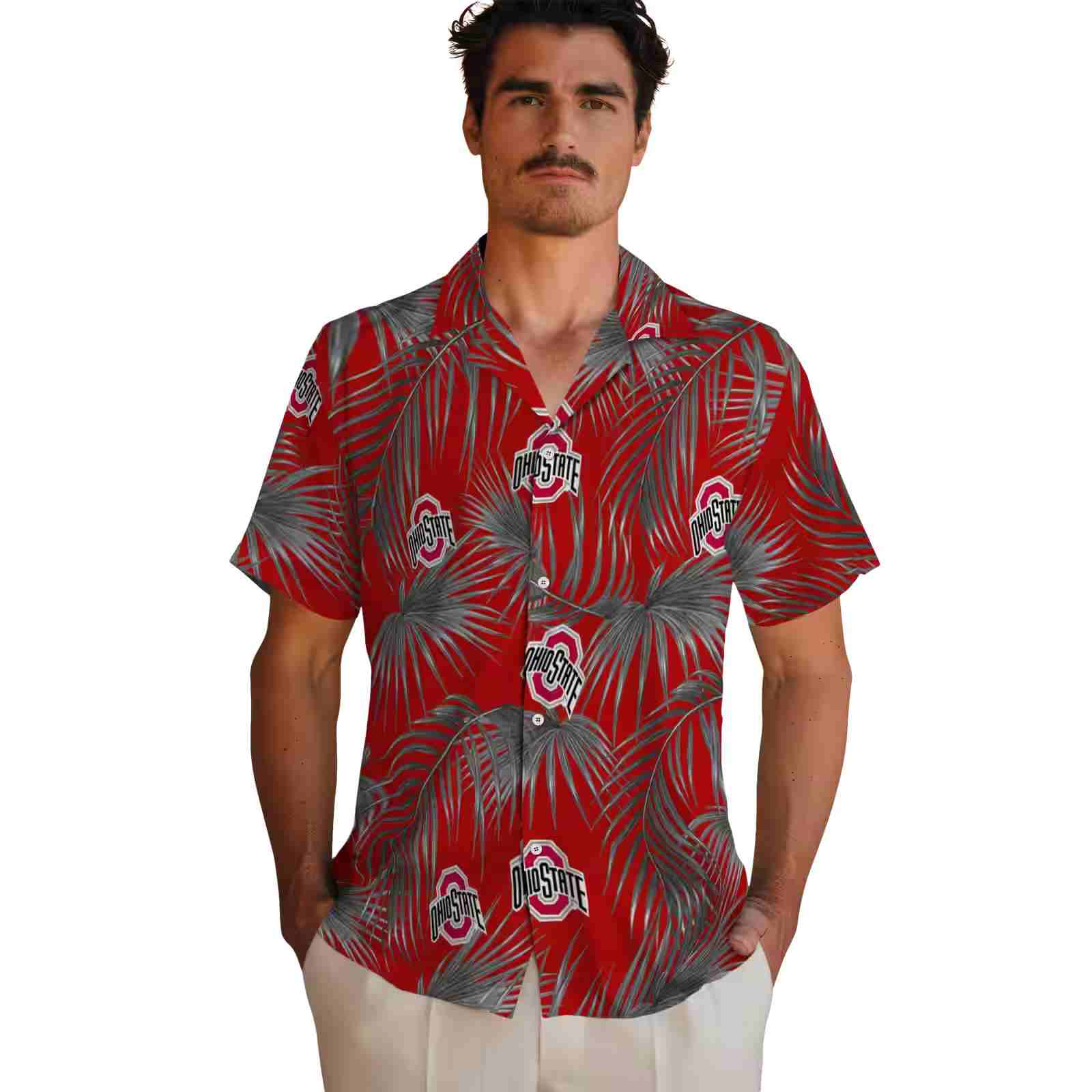 ohio state buckeyes leafy palms scarlet hawaiian shirt fashion forward