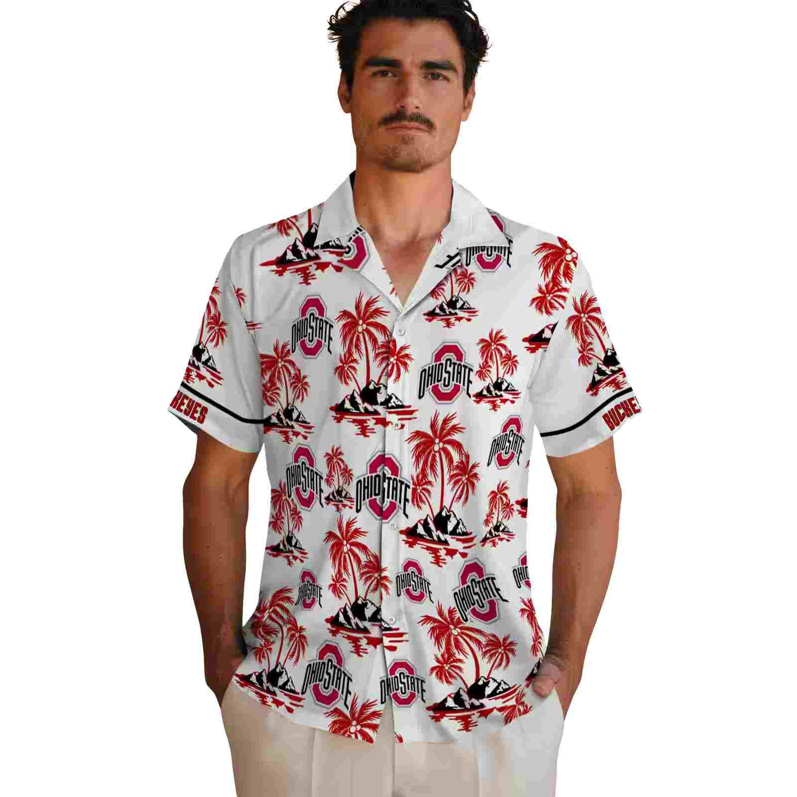 ohio state buckeyes palm island print scarlet white hawaiian shirt fashion forward