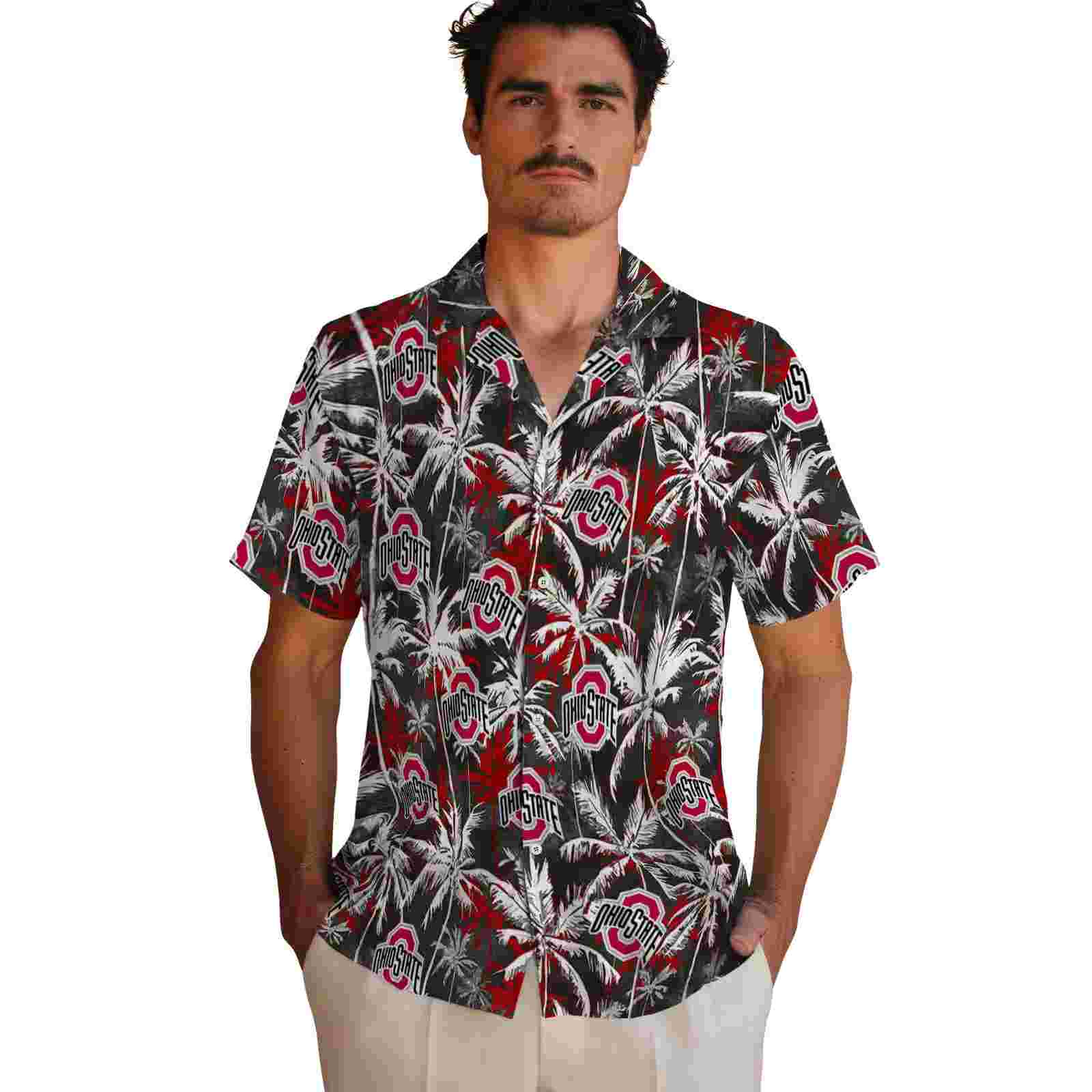 ohio state buckeyes palm pattern scarlet black hawaiian shirt fashion forward