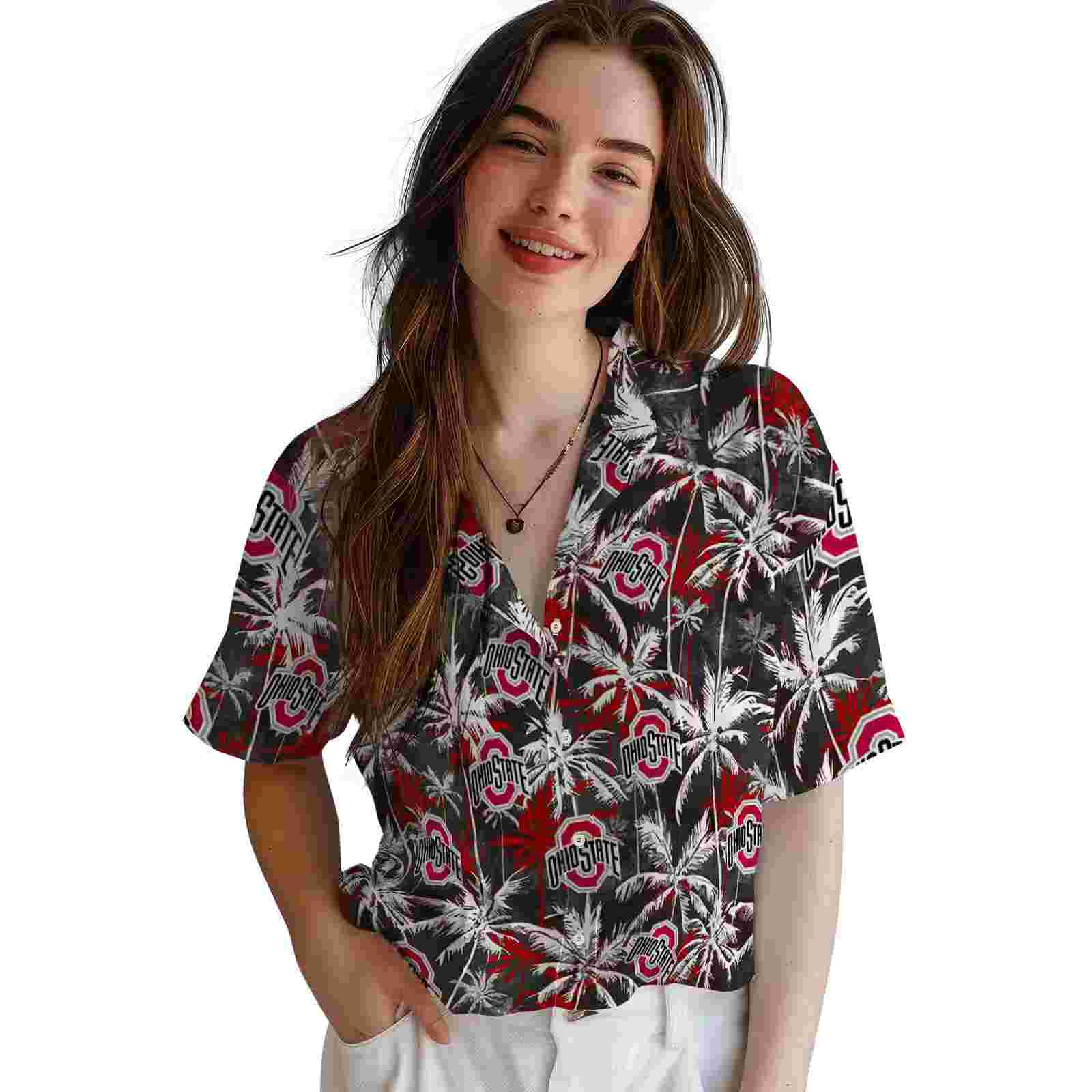 ohio state buckeyes palm pattern scarlet black hawaiian shirt latest model