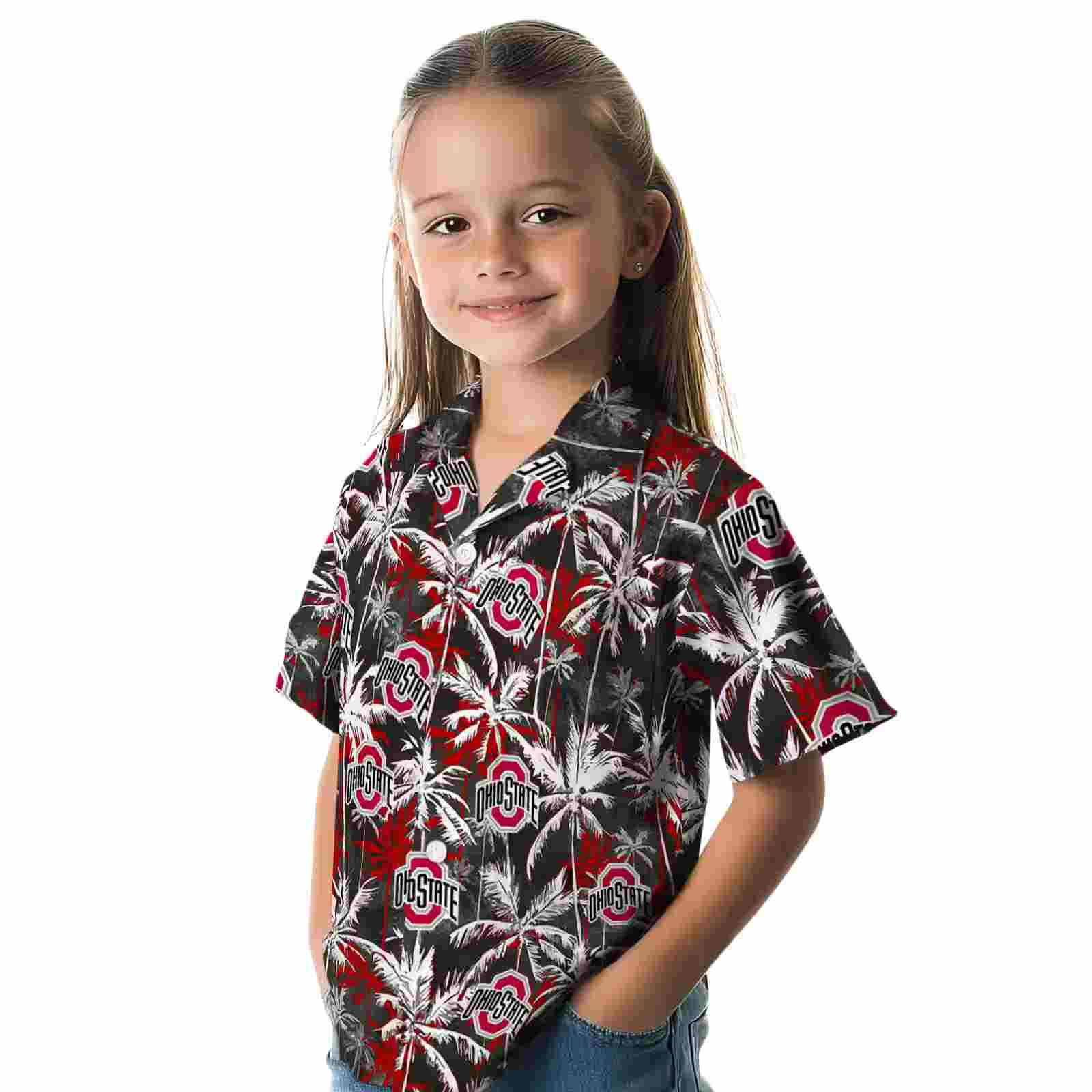 ohio state buckeyes palm pattern scarlet black hawaiian shirt premium grade