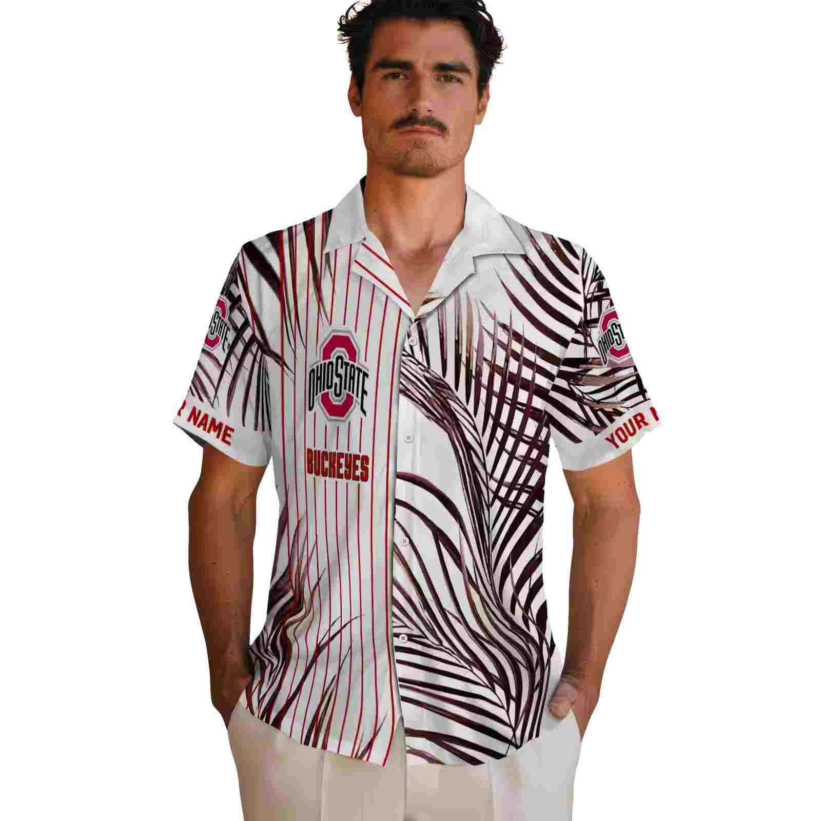 ohio state buckeyes palm stripes scarlet black white hawaiian shirt fashion forward