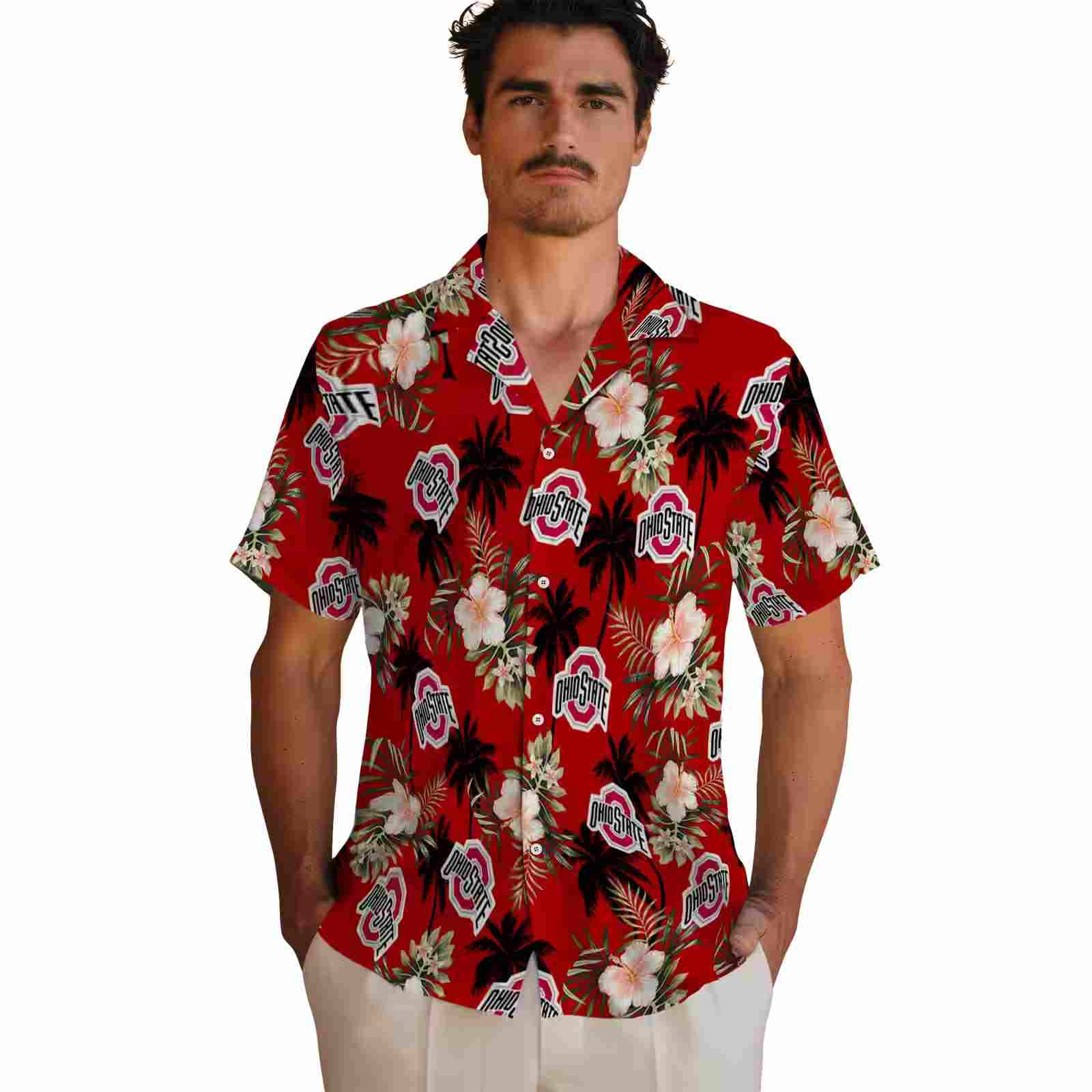 ohio state buckeyes palm tree flower scarlet hawaiian shirt fashion forward