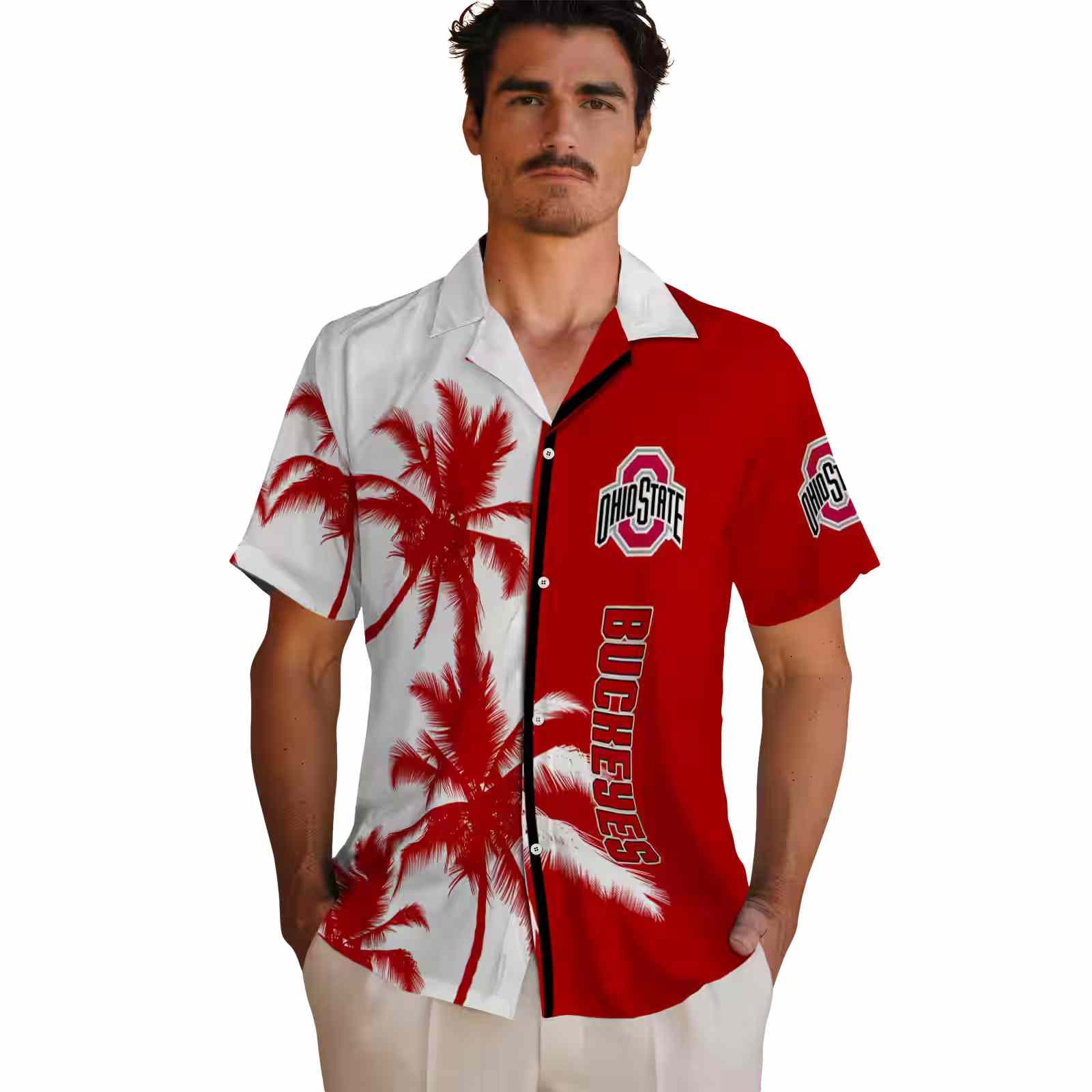 ohio state buckeyes palm trees scarlet white hawaiian shirt fashion forward