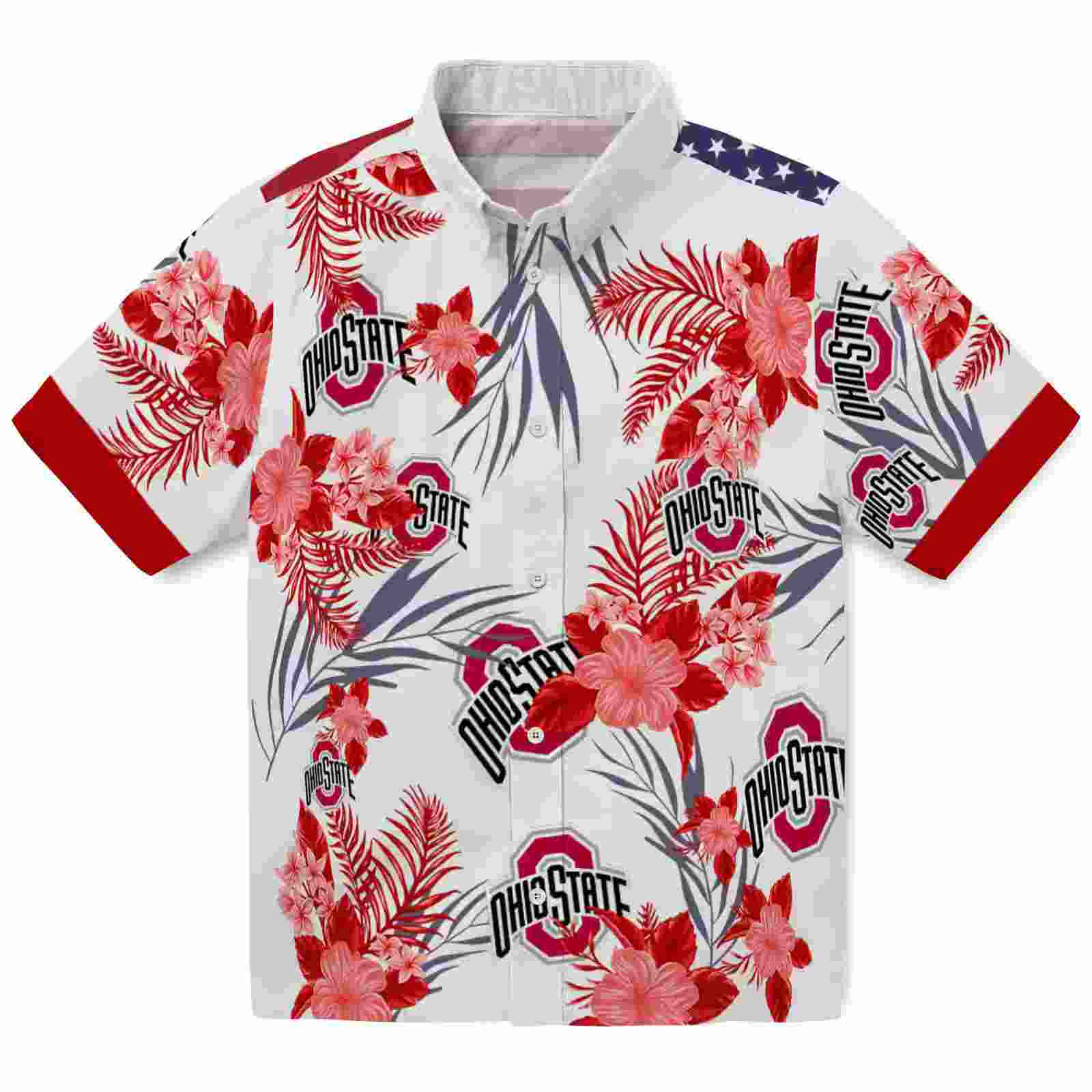 Ohio State Buckeyes Patriotic Hibiscus Design Scarlet White Hawaiian Shirt