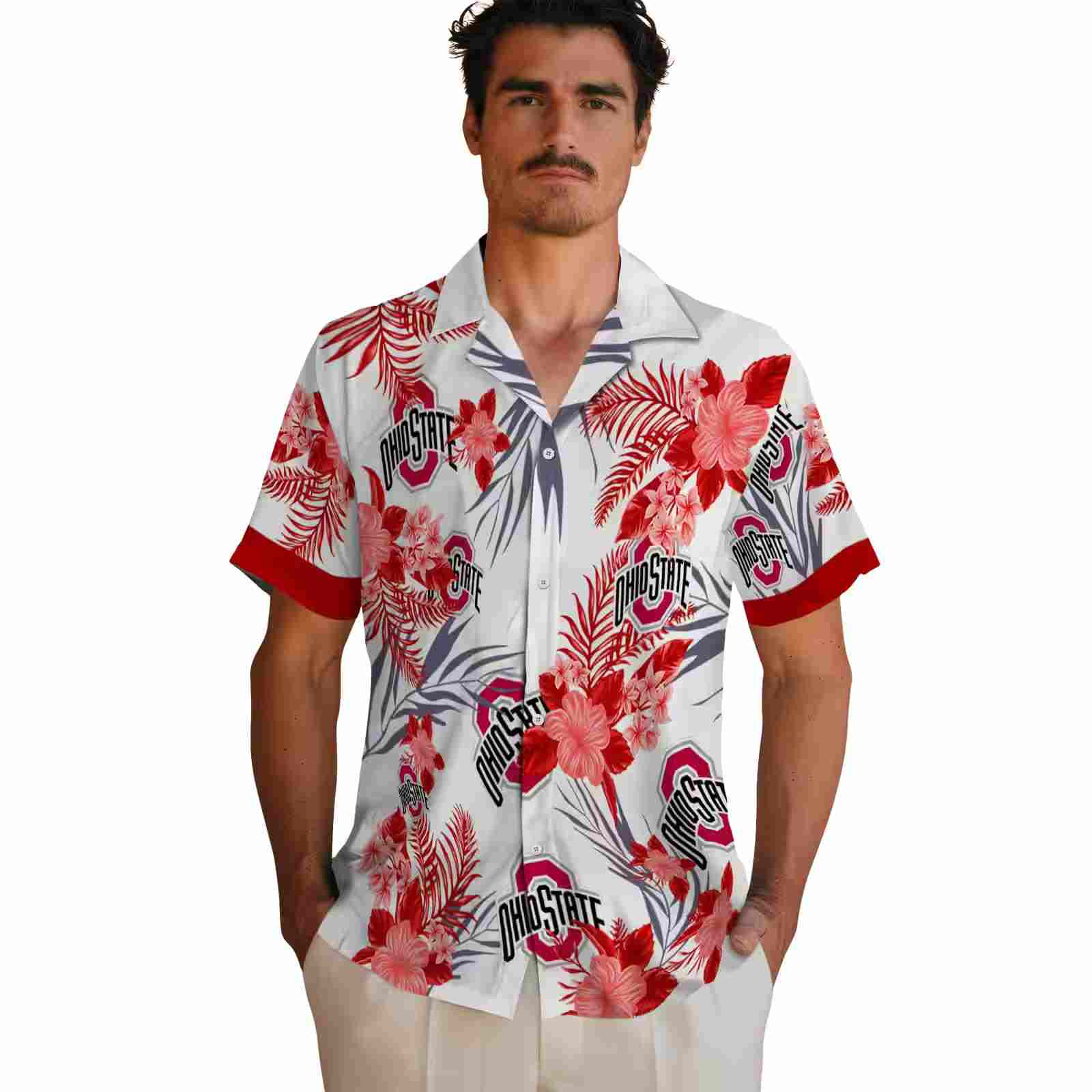 ohio state buckeyes patriotic hibiscus design scarlet white hawaiian shirt fashion forward