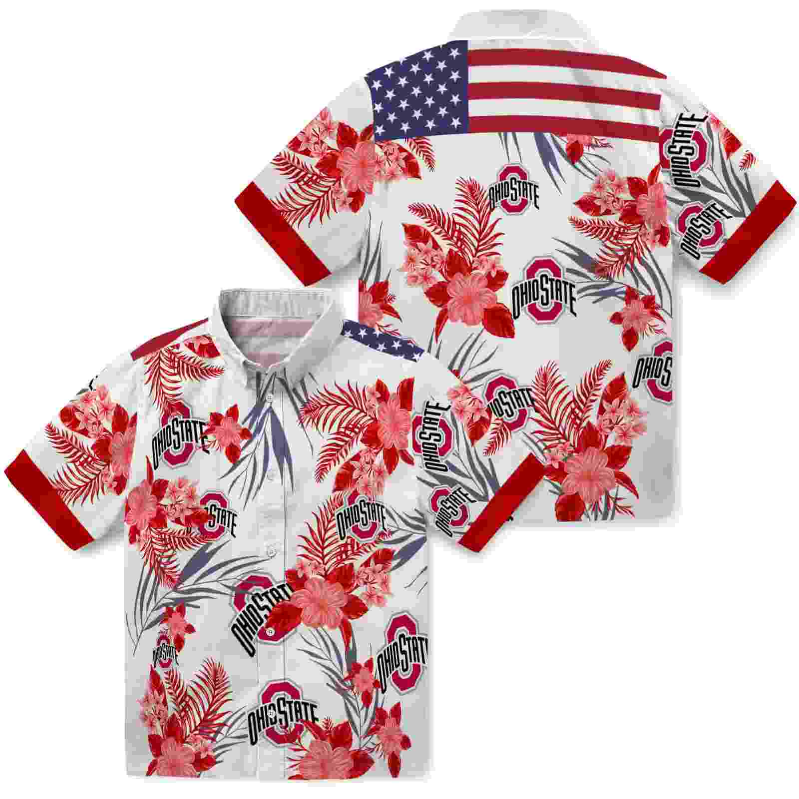 ohio state buckeyes patriotic hibiscus design scarlet white hawaiian shirt high quality