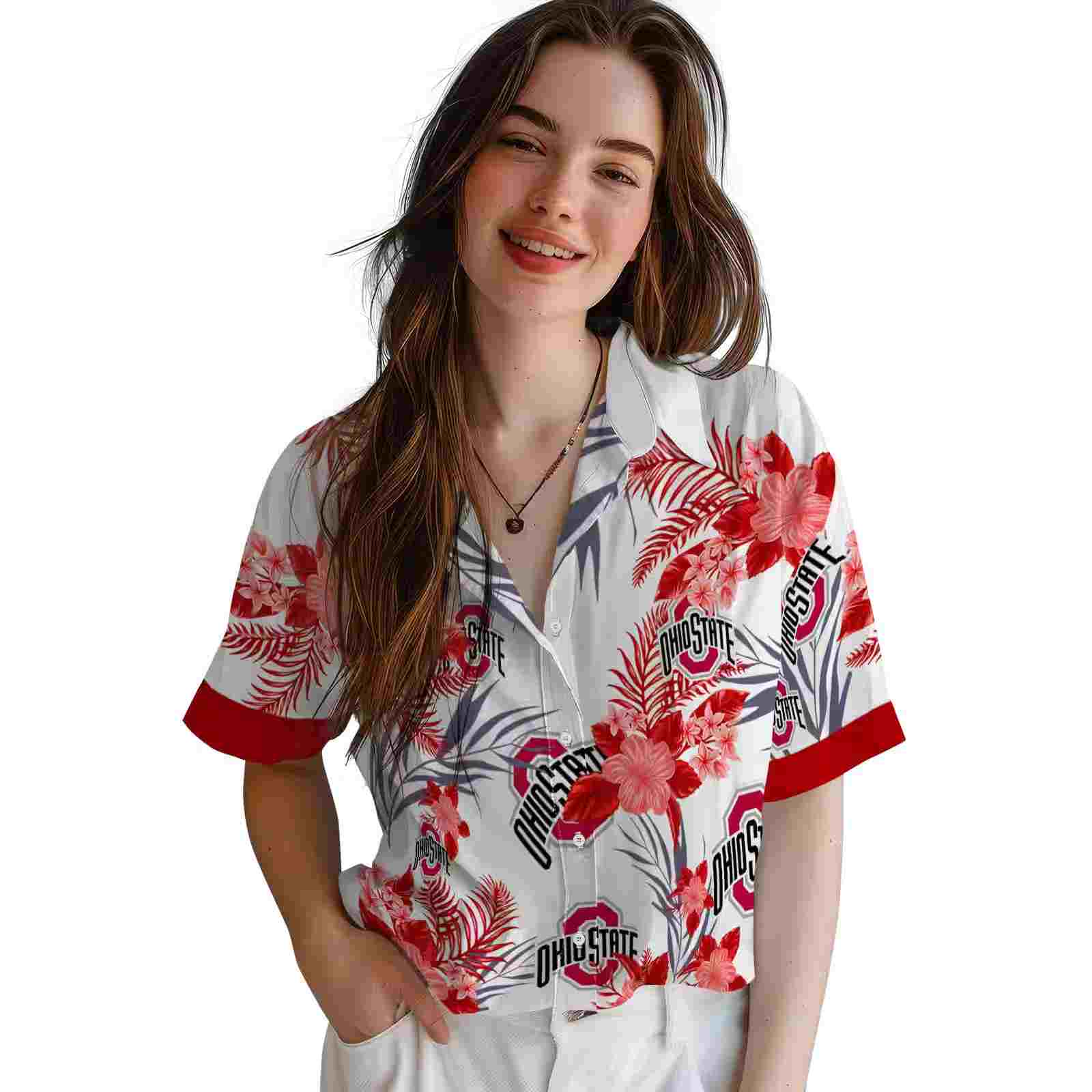 ohio state buckeyes patriotic hibiscus design scarlet white hawaiian shirt latest model